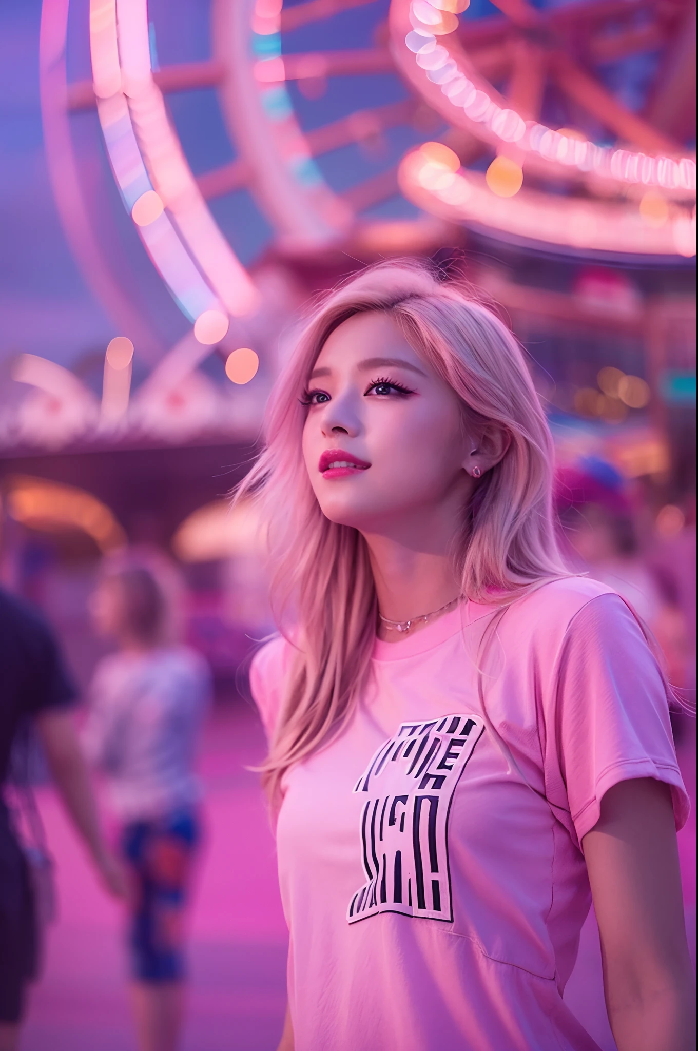 1girl in, Super beautiful girl, Dream Girl, Wearing pink, ulzzangs, Dancing, Concert in amusement park in the background, Lightning in the sky, Ultra Details, A hyper-realistic, Cinematic , Octane Render, 16 K,a blond