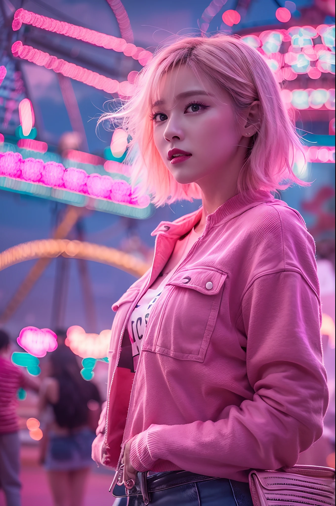 1girl in, Super beautiful girl, Dream Girl, Wearing pink, ulzzangs, Dancing, Concert in amusement park in the background, Lightning in the sky, Ultra Details, A hyper-realistic, Cinematic , Octane Render, K,a blond