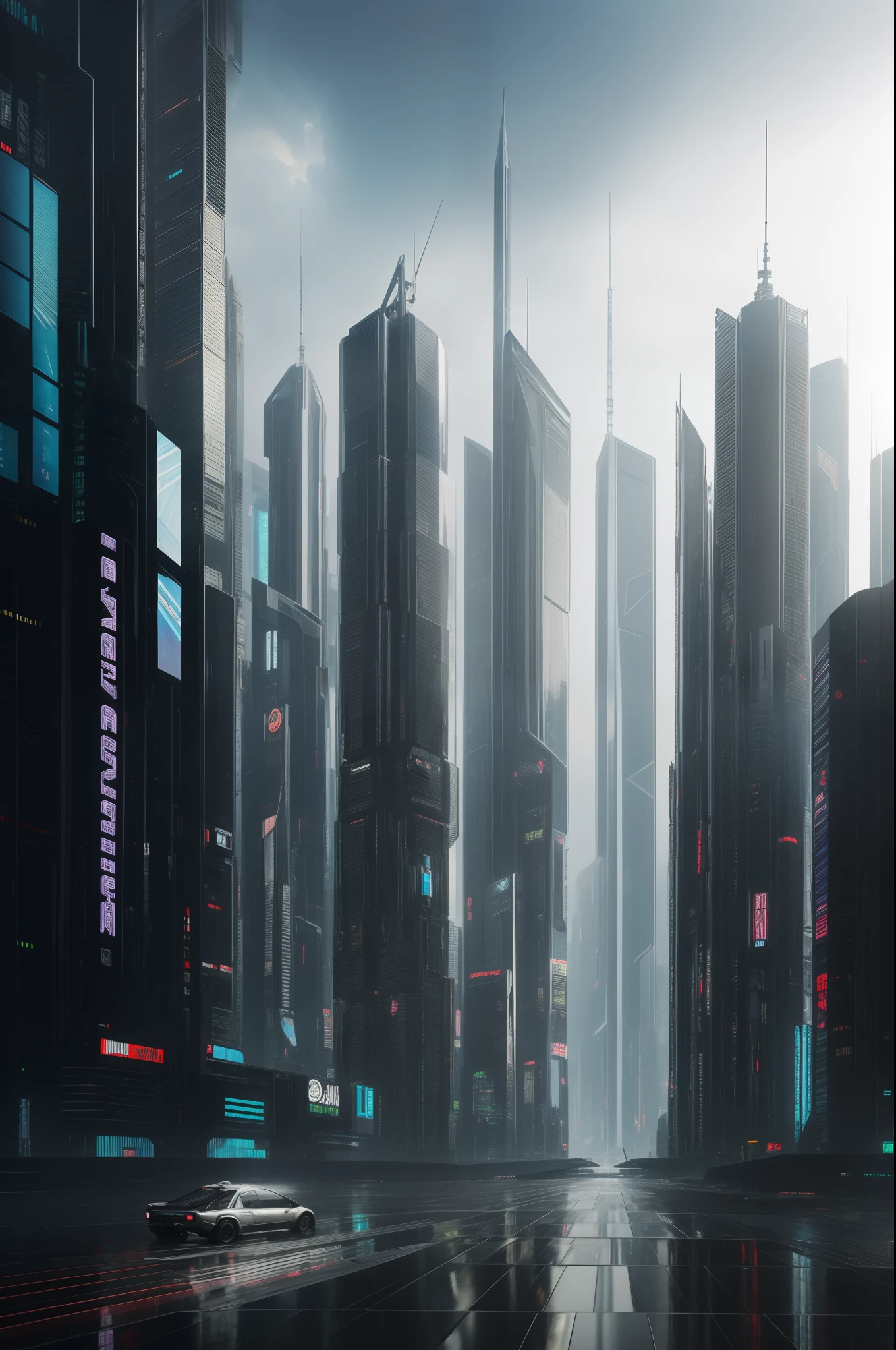 ((masterpiece, best quality)), 8k, modern architecture style, photo realistic, hyper detailed photo, clean sky, ruined city, cyberpunk,rain