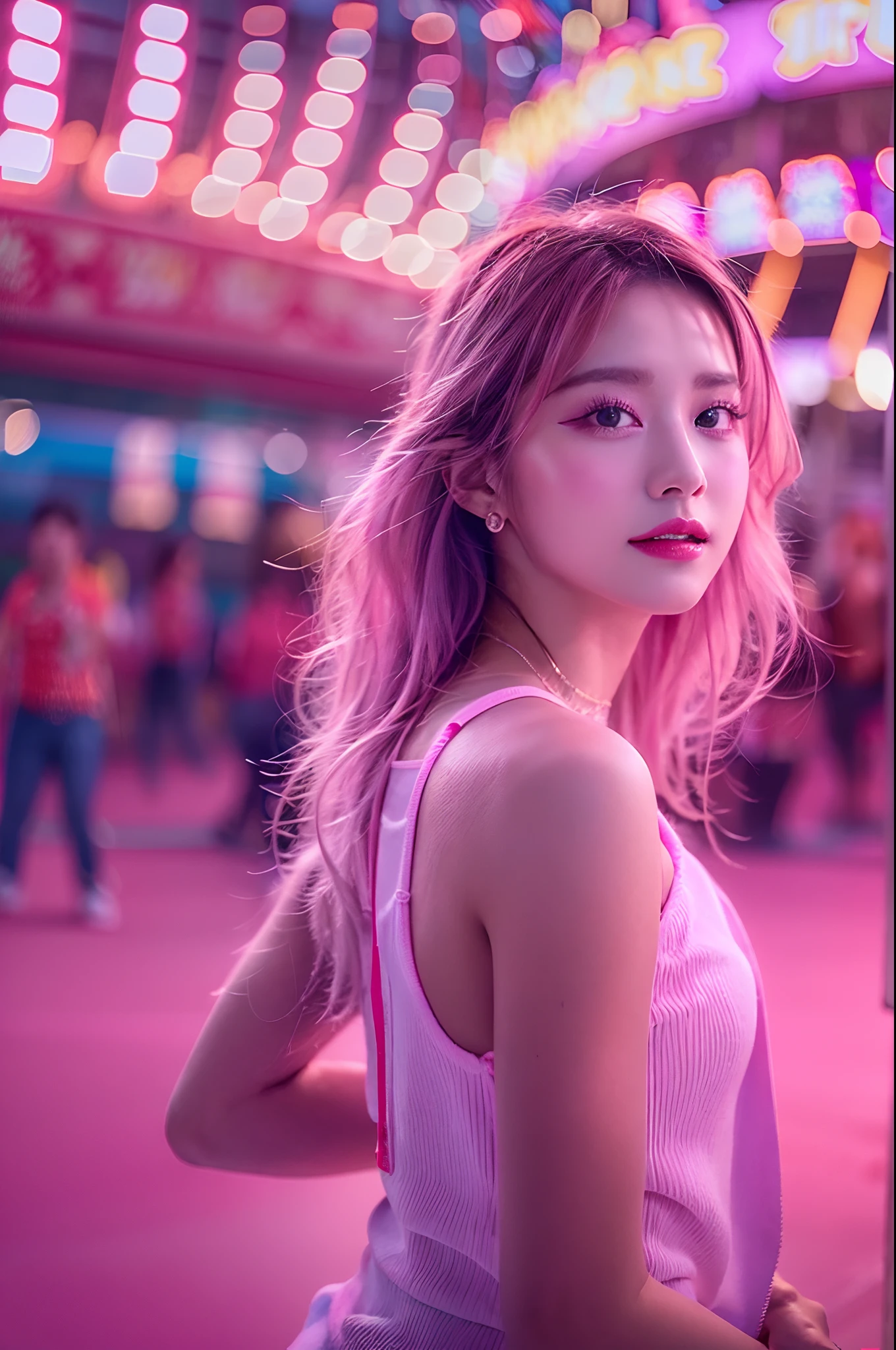 1girl in, Super beautiful girl, Dream Girl, Wearing pink, ulzzangs, Dancing, Concert in amusement park in the background, Lightning in the sky, Ultra Details, A hyper-realistic, Cinematic , Octane Render,  K