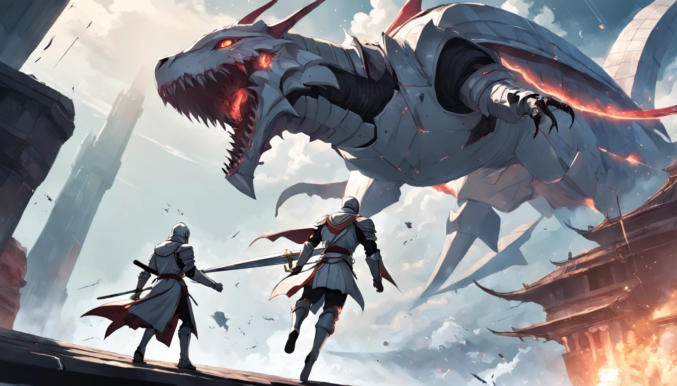 A Templar Knight jumping from a futuristic ship with his sword towards a chasing dragon