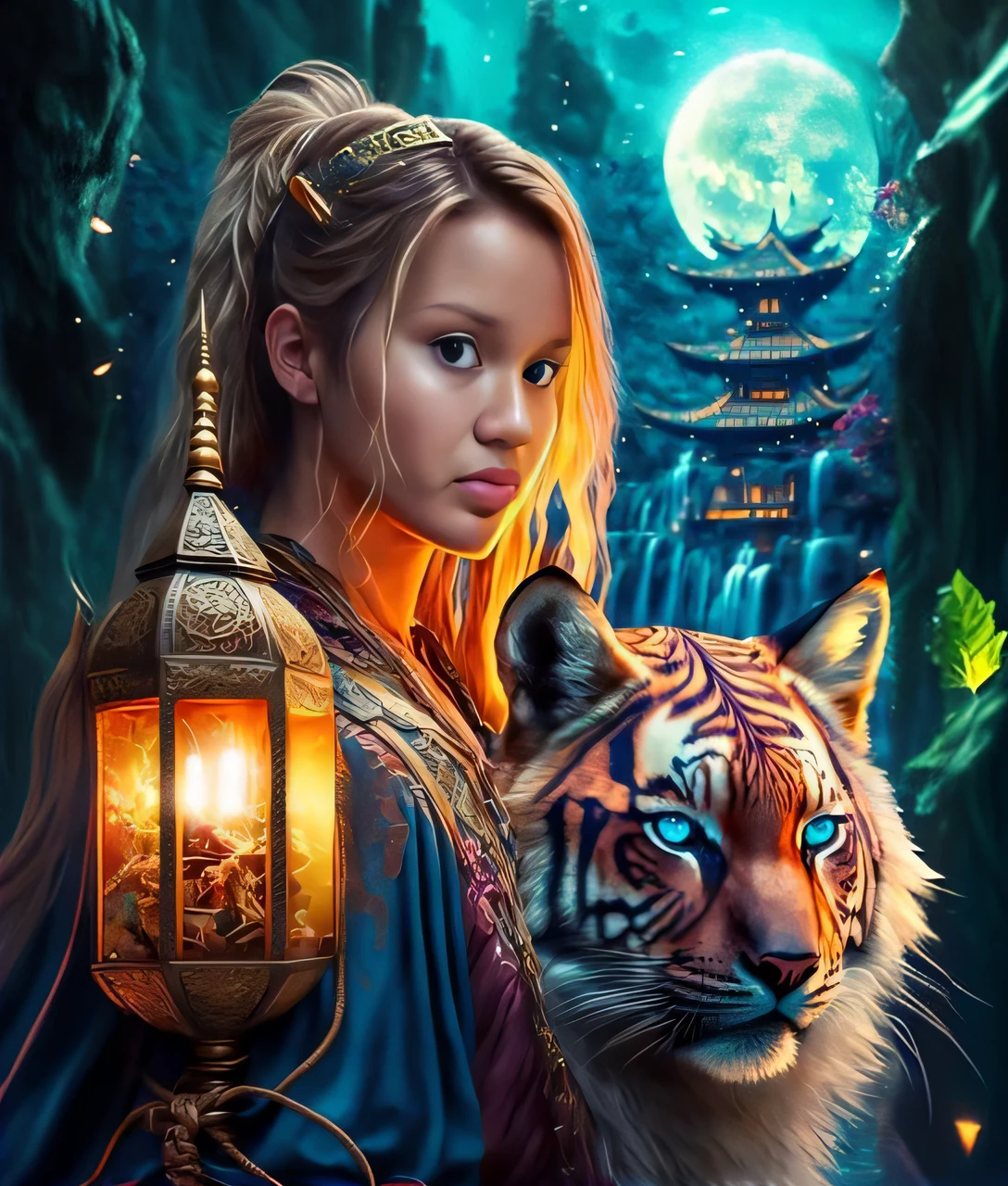 A woman with a tiger and flashlight in her hand, pintura de fantasia realista, arte de fantasia digital em alta, arte de fantasia realista, epic fantasy HD art style, realistic fantasy illustration, Epic fantasy art style, estilo de arte de fantasia, arte estilo fantasia, arte digital de fantasia detalhada, Epic Fantasy Digital Art Style, epic fantasy art, retrato bonito da arte da fantasia, arte digital fantasia arte