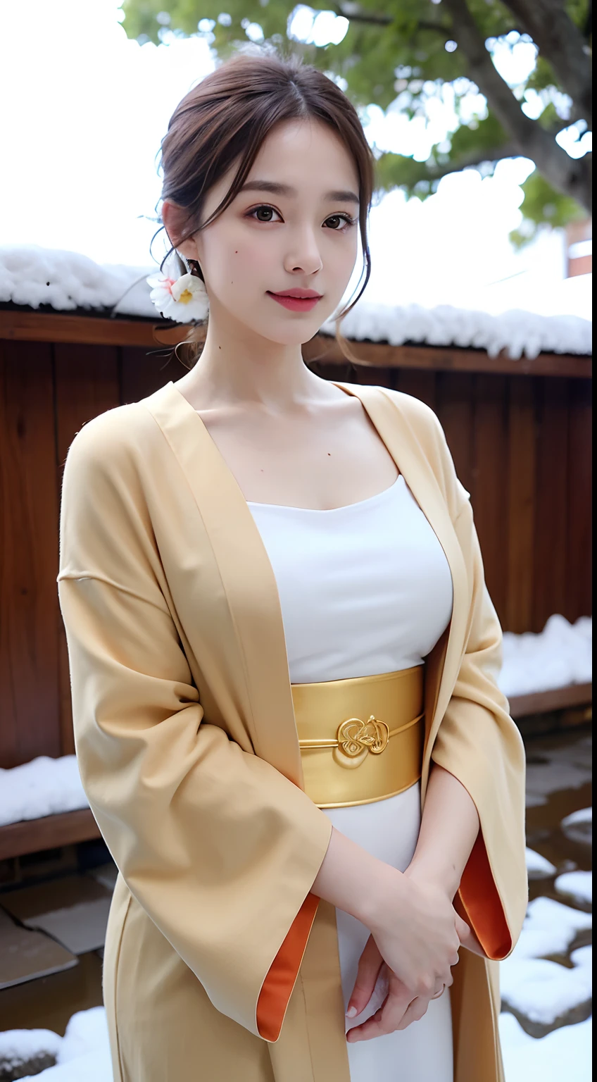 1 rapariga， Bare_tree， brown_Eyes， brown_Hair， build，long whitr hair， Manteau， Head flower， 耳Nipple Ring， Kimono Dress， cparted lips， Shorthair， Looking_at_peeping at the viewer， exteriors， snow landscape，hot onsen， 独奏， The tree， Winters，  Detailed_Eyes，ssmile， Bring your arms together， Chest camera， The large， Ears come out， face in golden proportions， The body of the golden ratio， best qualtiy，hyper HD，By bangs