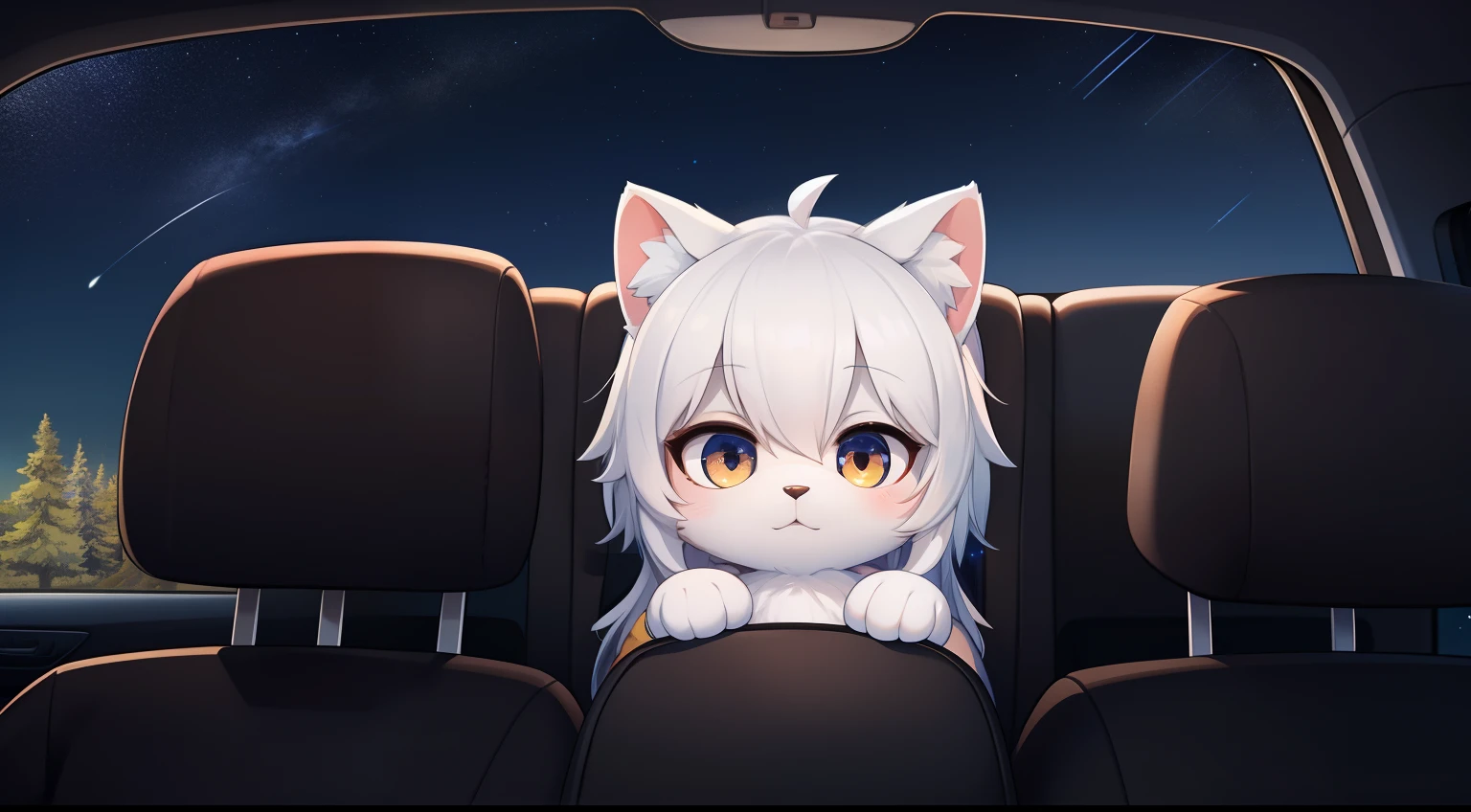 Furry mascot,Lovely image,A black cat,No clothes, Cute little animals fluffy,Furry Fur,Cute little animals,Fluffy tail,White hair,In the back seat,Sitting alone in the car,Reclining in a chair,View from the car window,High speed on,full of lights,Cubs,is in night,nigh sky, stars,Close-up of cute characters,Put your hands behind your head,Look ahead