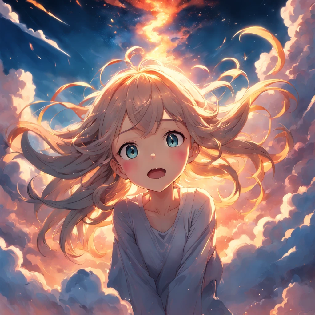 masterpiece, best quality, movie still, 1girl, cloud girl, floating in the sky, close-up, bright, happy, warm soft lighting, sunset, (sparks:0.7)