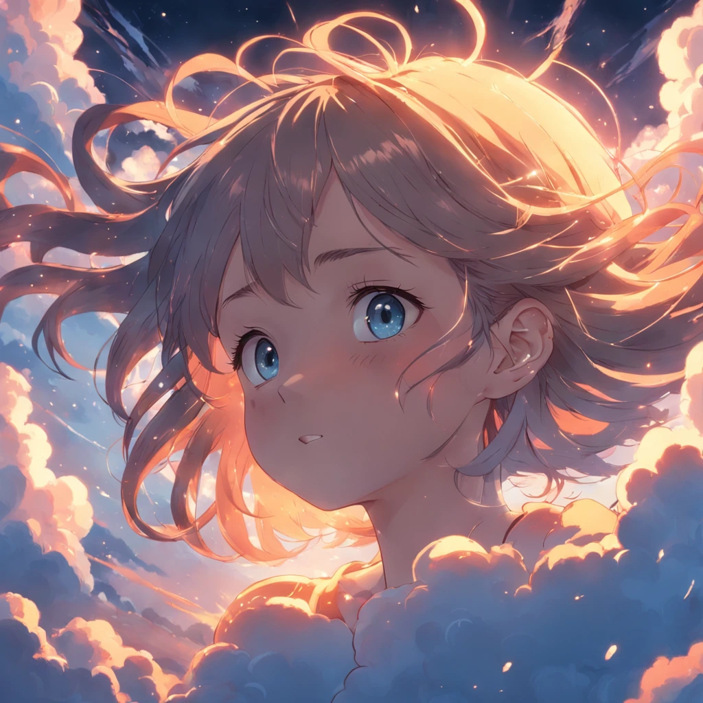masterpiece, best quality, movie still, 1girl, cloud girl, floating in the sky, close-up, bright, happy, warm soft lighting, sunset, (sparks:0.7)