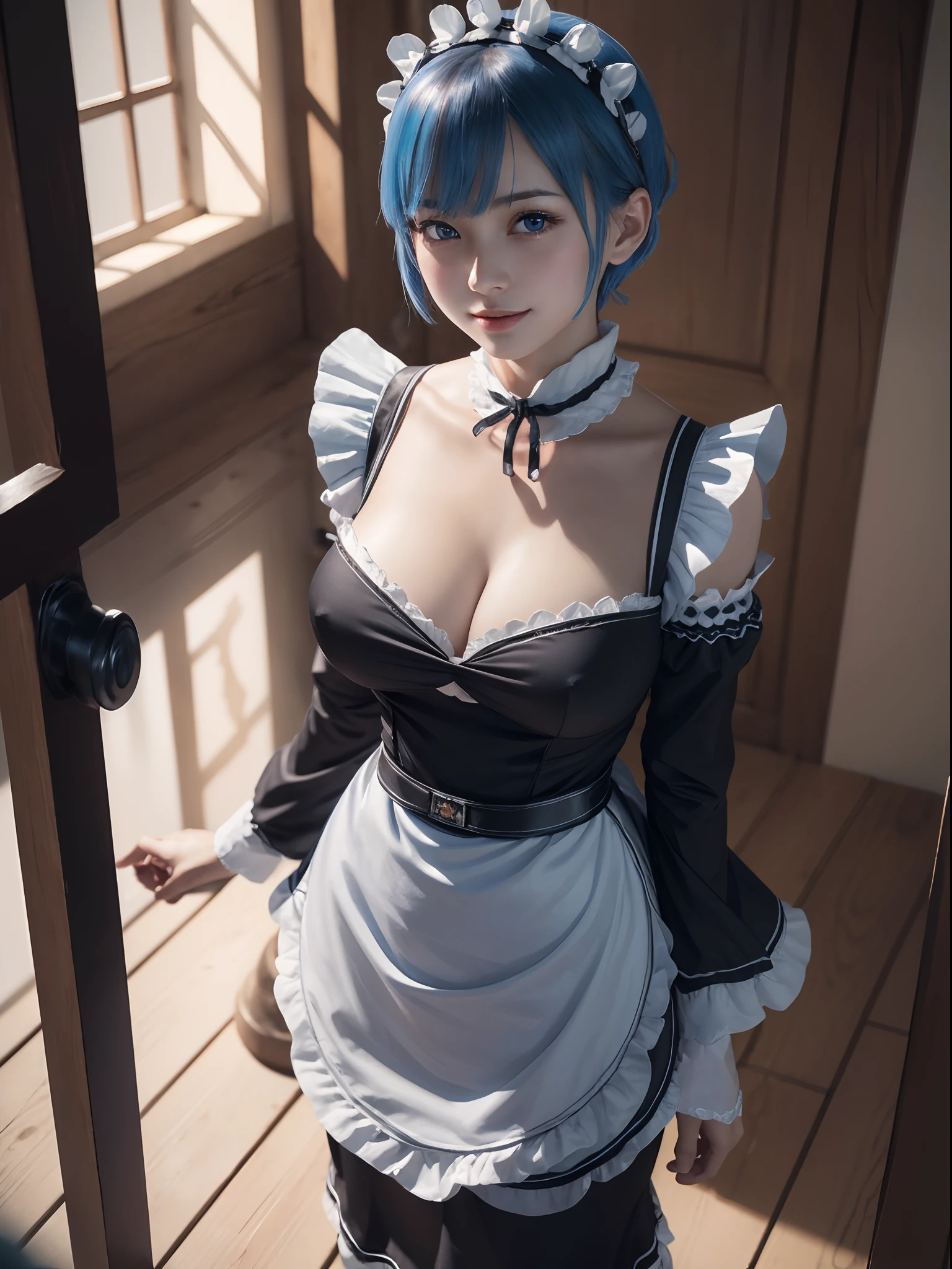 (masterpiece, best quality:1.4), (standing:1.4), (full body:1), on a beautifull and rich mansion, 1girl, solo, rem_re_zero, blue hair, (blue hair:0.5), short hair, maid uniform, (black maid uniform:1.5), hair ornament, cleavage, maid headdress, detached sleeves, ribbon, medium breasts, beautifull smile, beautiful face, highly detailed face, highly detailed eyes, highly detailed skin, skin pores, subsurface scattering, realistic pupils, full face blush, full lips, depth of field, volumetric lighting, sharp focus, absurdres, realistic proportions, good anatomy, (realistic, hyperrealistic:1.4), 16k hdr