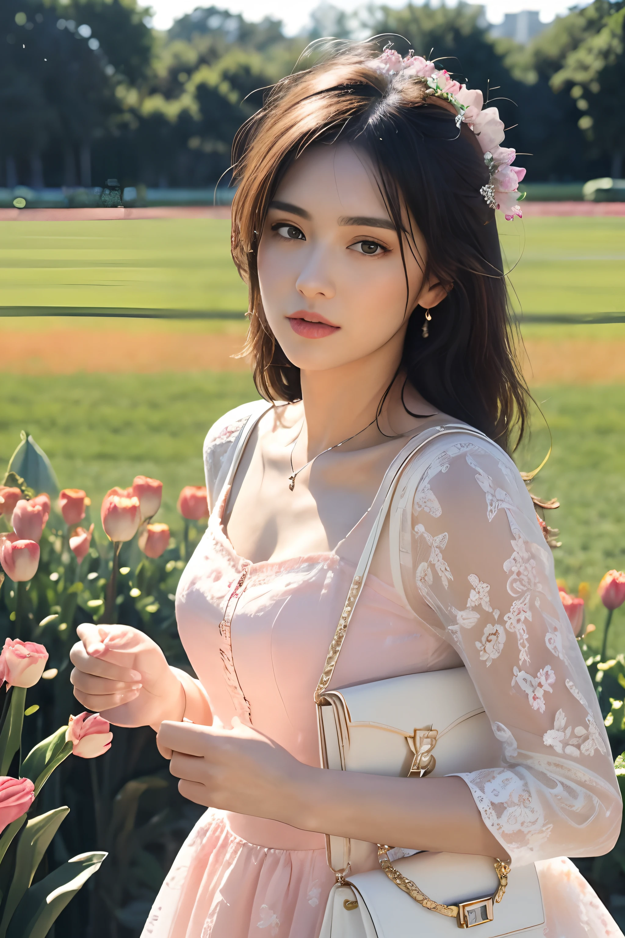 (8k, best quality, masterpiece:1.2),(realistic, photo-realistic:1.37),ultra-detailed,beautiful devil,upper body,face the front,looking at viewer,wearing pink lace dress, blace versace bag on her shoulder. in tulip field.