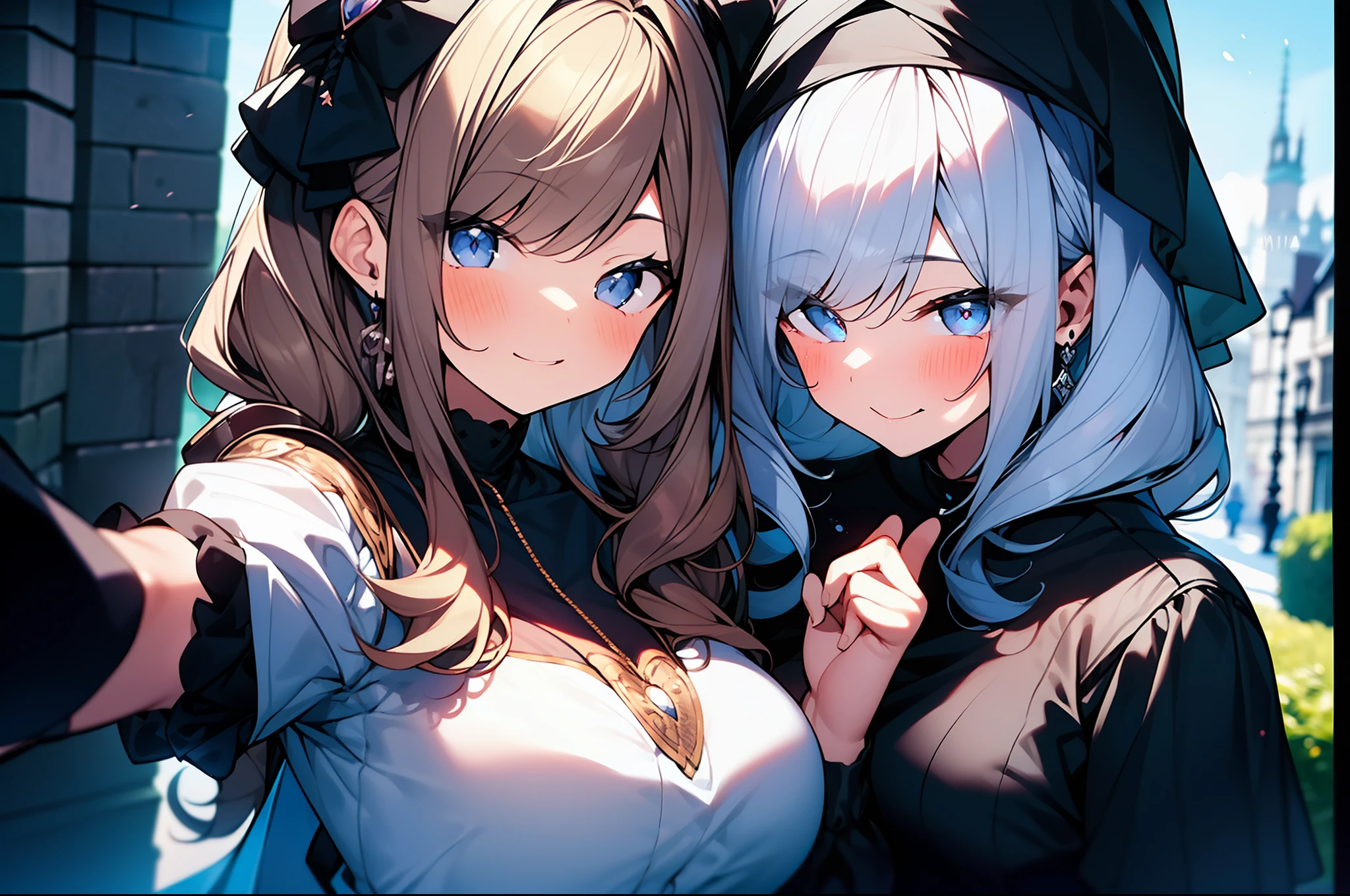 (obra maestra) (La mejor calidad) A selfie of several gothic-looking kawaii women on a London street. are young, alegre y me encanta hacer bromas en las fotos.