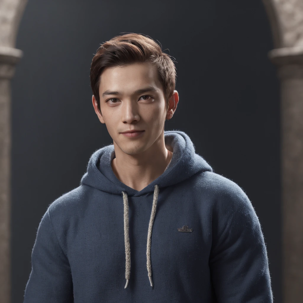 (professional 3d render:1.3) af (Realistic:1.3) most beautiful artwork photo in the world，standing with 30 years old man in a blue hoodie, fancy, freelancer, smiling, standing full-frontal, Full-length, Body and head directly in the photo, DSRL, facing the viewer of the photo, Eyes fixed on the lens, The shoulders and head appear in the photo, The man in the center in the photo, full body 8k unity render, action  shot, skin pore, very dark lighting, heavyshading, Detailed, Detailed face, (vibrant, photograph realistic, Realistic, Dramatic, Dark, Sharp focus, 8K), (Intricate:1.4), decadent, (Highly detailed:1.4), Digital painting, rendering by octane, art  stations, concept-art, smooth, Sharp focus, illustration, (loish:0.23), (Global illumination, Studio light, volumettic light), heavy rain, particles floating, lotr, fantasy, elf, full bodyesbian, ((Dark and ancient city background:1.3)),CGSesociety,art  stations