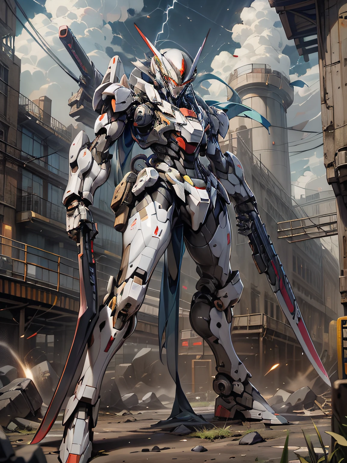 ((best qualityer)), ((Masterpiece)), (The is very detailed: 1.3), 8K，Cool painting，It's sci-fi，Red Megatron stands in the center of the city，Armed with a heavy machine gun，Gatling gun，Streamlined red armor，There are complex weapons and equipment behind it，Gundam humanoid mech，anime mecha aesthetic，Perfect body proportions，Heads-up view，stand posture，Military giant mech，missile，Rochas，future-tech，hentail realism，There is lightning in the sky，Dark black war background，Ray traching，light particules，NVIDIA Trtx， Hyper-Resolution，Unreal 5，sub surface scattering，Specular and albedo maps，trichotomy，largeaperture，Fighting posture, 8K raw data，High efficiency sub-pixel，sub-pixel convolution，Light particles，Light scattering，Tyndall effect，Ray traching.The weapon is a long sword