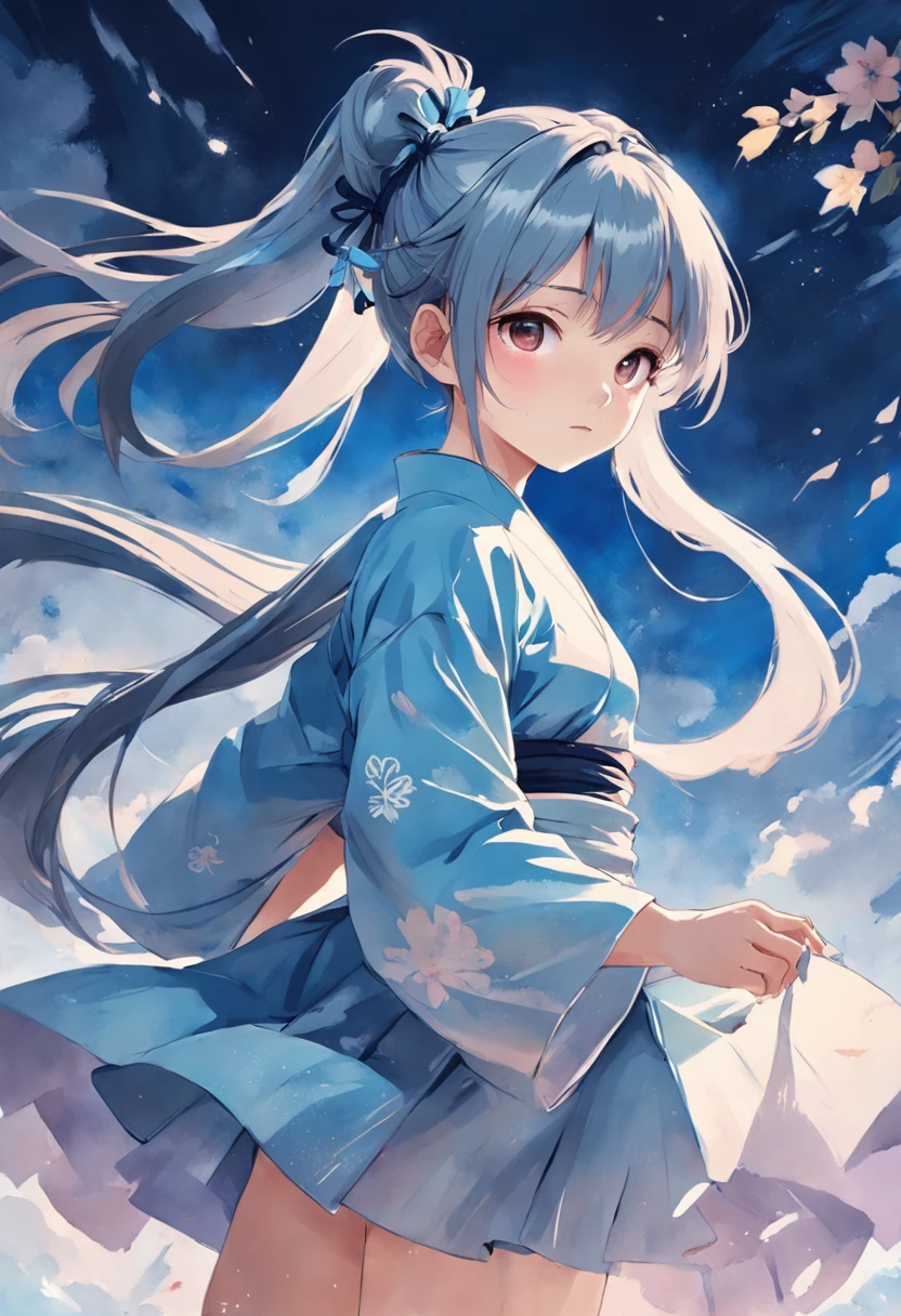 Girl watercolor art by ghy, charming anime characters, in the style of light silver and sky blue, chinese brushwork, traditional oil painting techniques, digital illustration, the girl is wearing a double ponytail, rich Background --niji 5 --ar 4:7 --relax
