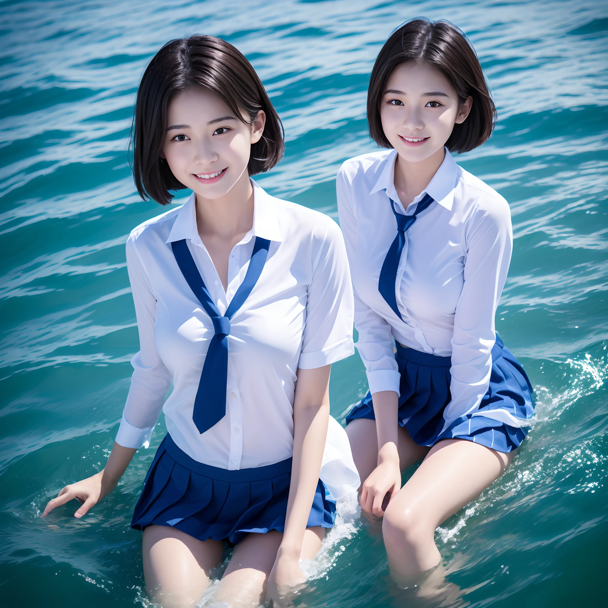 Beautiful high school student wearing school uniform by the sea,Super high value,extra very short hair,Delicate hair,Fair face and skin,Hanging water droplets,Happy playing in the water,Large breasts,Chest hyperexcion,perfect body figure,The sea is crystal clear