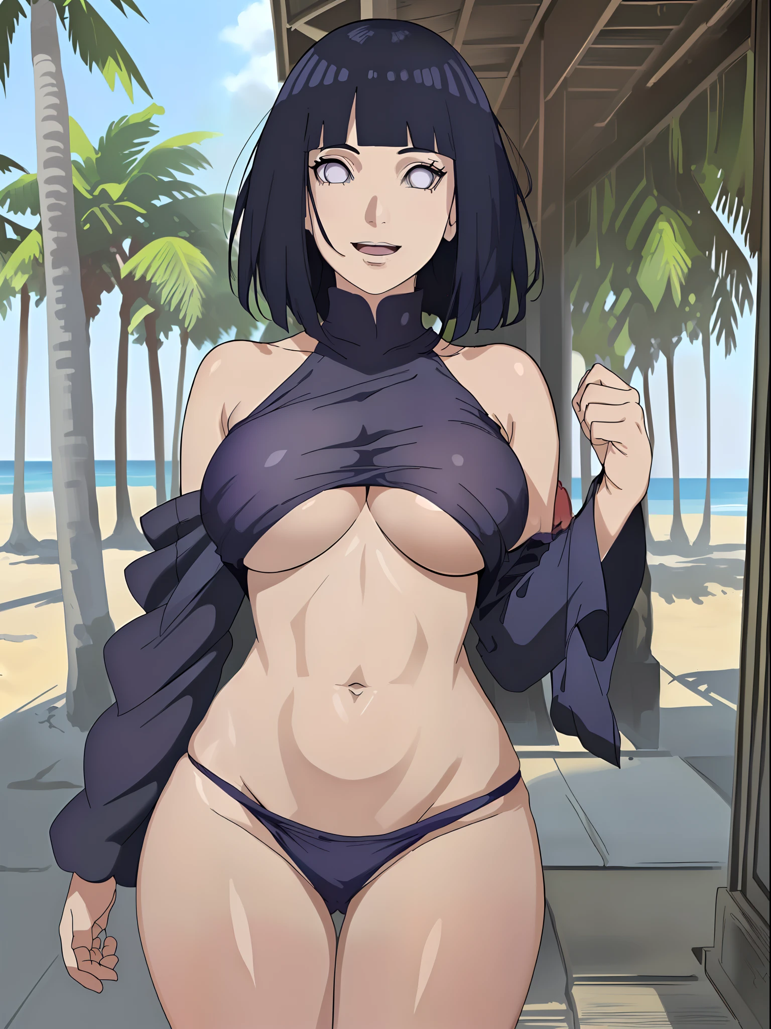 (WALLPAPER,  (hinata\(boruto\), masterpiece, 4k, vector coloring, whole body shot, contrast lighting, mature female, (curvy:0.8), solo, anime style, sharp focus, professional artwork, intricate details, detailed beach background, colorful, vibrant colors, vivid colors, digital blending, ultra detailed body, ultra detail hair, ultra detail face, trending on pixiv, very hot colors, sunny day, outdoor, detailed bold arm lines, high color saturation, bold lines, bold drawing lines),
(standing, open mouth, kind smile, extremely happy, goodbye, sexy pose),
((dark blue hair color:1.1), wavy hair, ((short hair, hime cut)),
(perfect eyes, white sciera, bright eyes, white eyes, anime eyes, smoky eyeliner, eyeshadow)
(white skin, slender body, milf, navel, groin, flat belly, perfect face, perfect thighs),
(Thighs, legs, big breasts, perky boobs, off-shoulders, (groin, detailed shoulders), 
(almost naked, only white clothes, bare chest, bare shoulders, bare hands, bare legs), 
(censored topless)