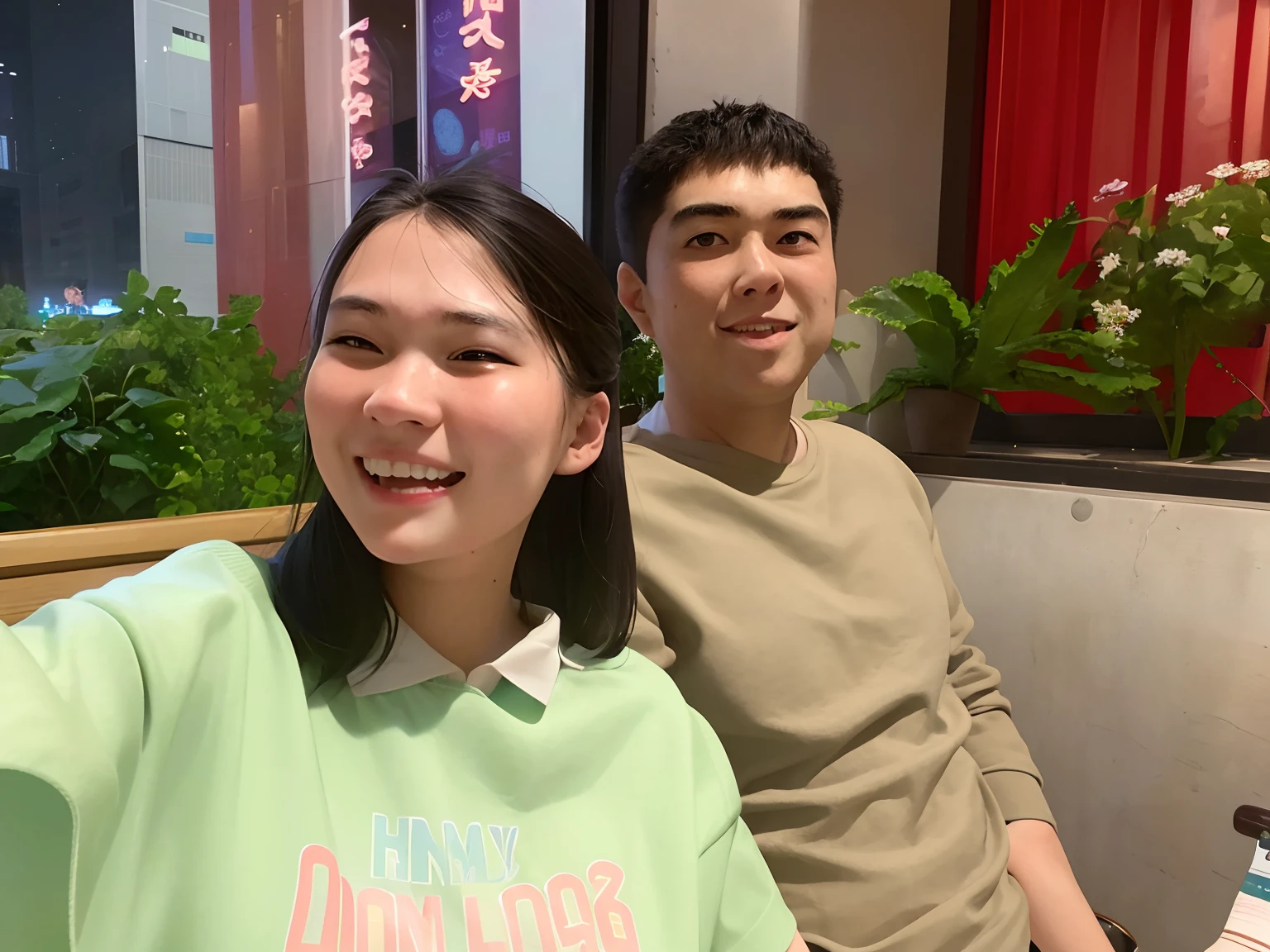 there are two people sitting at a table with a cup of coffee, happy couple, lovely couple, tyler edlin and natasha tan, with short hair, couple, with ivy, with her long, non blurry, ruan jia and brom, a picture, vacation photo, 8k selfie photograph, in background, dang my linh, scandy and arender