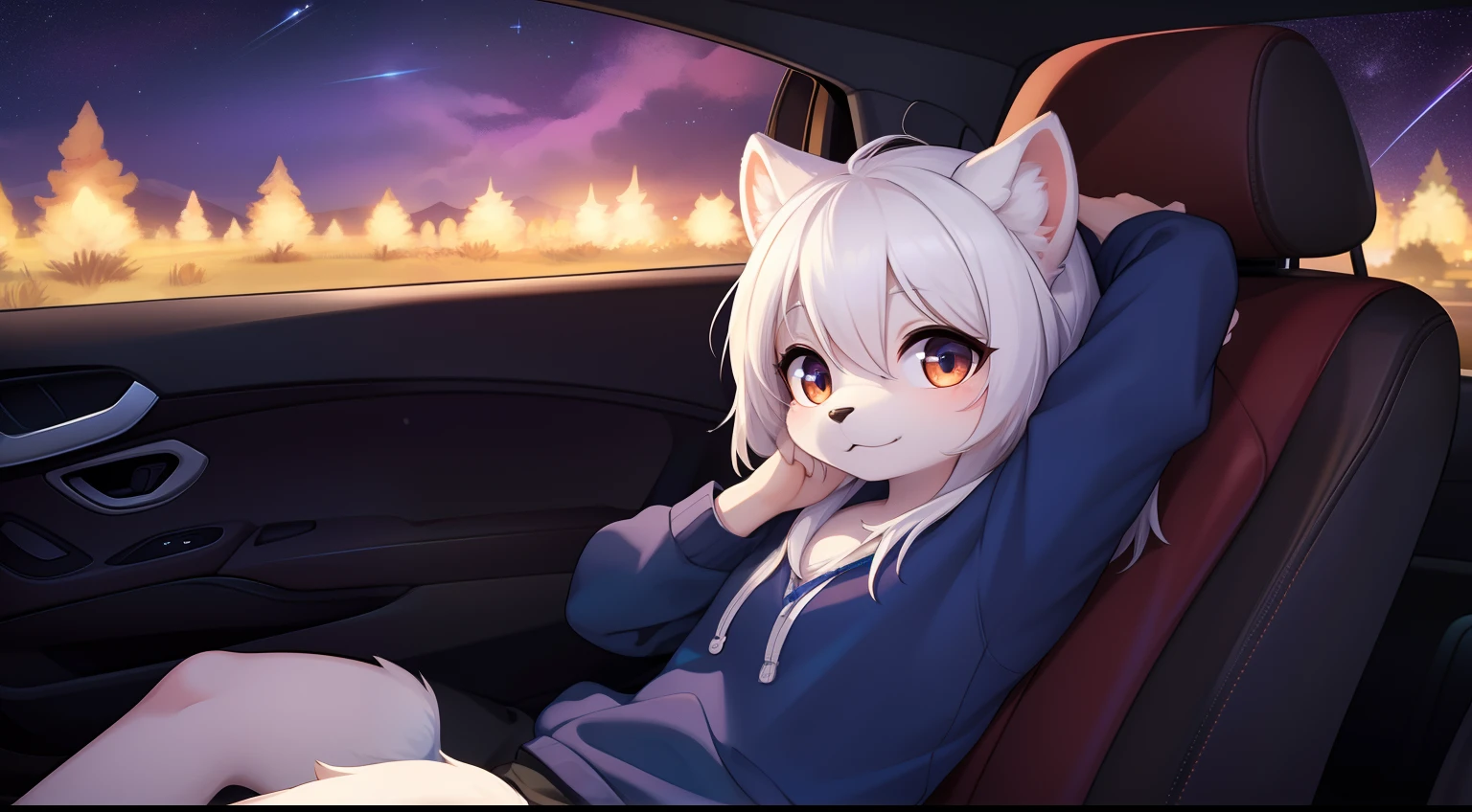 Furry mascot，Lovely image，A black cat，ember， Cute little animals fluffy，Furry Fur，Cute little animals，Fluffy tail，White hair，In the back seat，Sitting alone in the car，Reclining in a chair，View from the car window，High speed on，full of lights，Cubs，is in night，nigh sky, stars，Close-up of cute characters，Put your hands behind your head，Look ahead