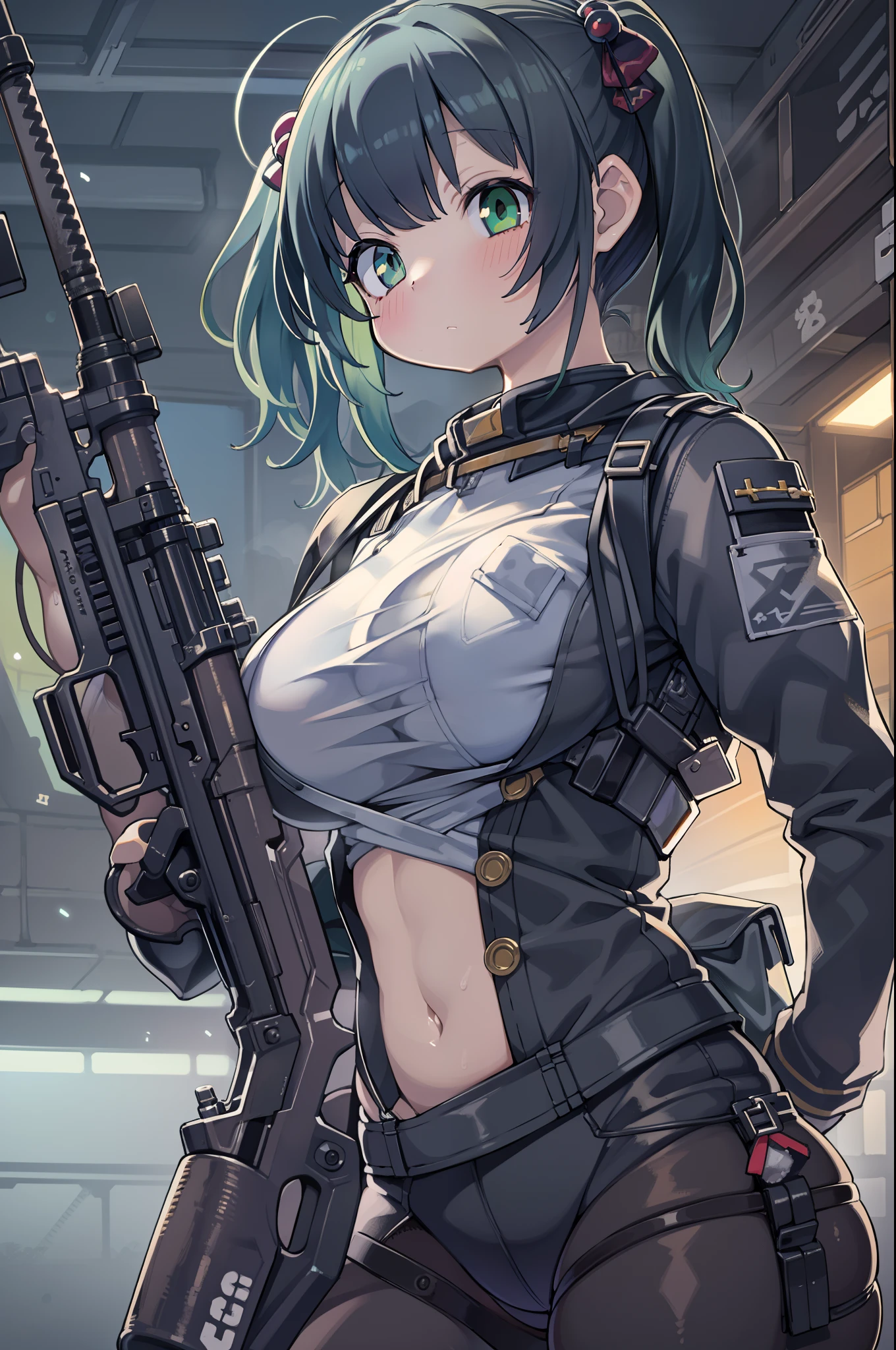 (((Hold a huge assault rifle)))、Long sideburns、Anime-style girl with beautiful whole body, clean detailed faces, ciber,analogous colors, Glowing shadows, beautiful gradients, depth of fields, CLEAN IMAGE, High quality,Black Parker Clothing、 high detailing, High Definition, blush, Fit, Heavenly Beauty, Very detailed, Soft lighting, Full body,Green&Black hair,Green eyes、(((huge-breasted))),Very Wide Shot、bbw、big butts、In heavy rain、Huge assault rifle