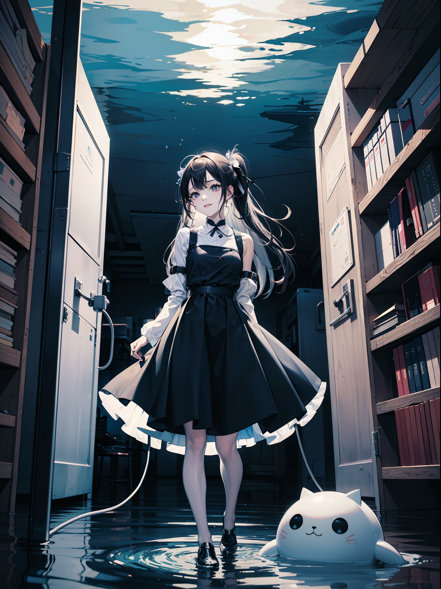 ((tmasterpiece)), (1girll), (sci-fi themed:1.3), (jelly fish:1.1), (offcial dress:1.2), (Deep Sea 1)(Beds:1.1), (Participate in expression), (Defensive posture), (Extensive background in medical laboratories), (Various medical devices:1.2), (gel), (Floating jellyfish:1.1), (Innovative:1.1),(Painful expressions)(smile1.1),(Dim light 1.1)(arms folded)
She incorporates something similar to a jellyfish。The girl moaned in pain,And echoes an ECG tick in the lab,With a helpless voice"Goodbye"After,She cut off all control signals,An electrocardiogram sounds an alarm,Heralding the death of a young girl。She fell into the deep sea,Only the creak of the metal door of the water outlet remains.