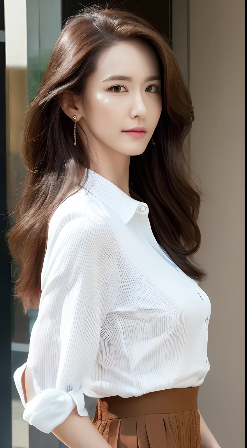 (Best quality, High resolution, Masterpiece :1.3), A tall and pretty woman, Slender abs, Dark brown hair styled in loose waves, Breasts, White button up shirt, Black pleated skirt, (Modern architecture in background), Details exquisitely rendered in the face and skin texture, Detailed eyes, Double eyelid