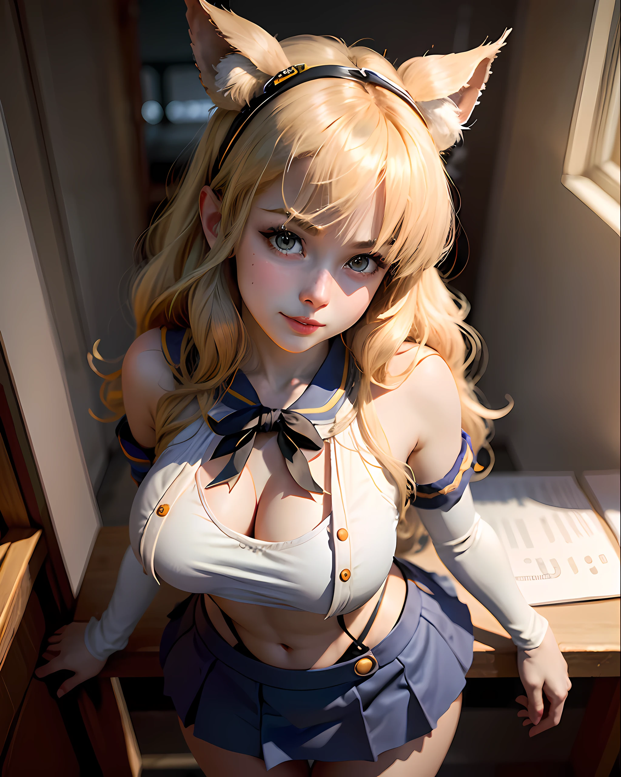 Masterpiece, best quality, high quality, extremely detailed CG unity 8k wallpaper, 16k quality: 14:24 (unparalleled masterpiece, ultra-realistic 8k CG, perfect artwork, perfect female figure, dramatic shadows, ray tracing) 16k quality, (spotlight, perfect lighting, detailed light, dramatic shadows, ray tracing), (clean, shiny skin, delicate face, super idol face, extremely delicate and beautiful: 1.2), extremely delicate and beautiful,from above,wide shot,Shimakaze Cosplay, blonde hair, white shirt, skirt big breasts, seductive smile, smile, 16k quality, award-winning photography, Outdoor,(( cosplay booth)), photographers,