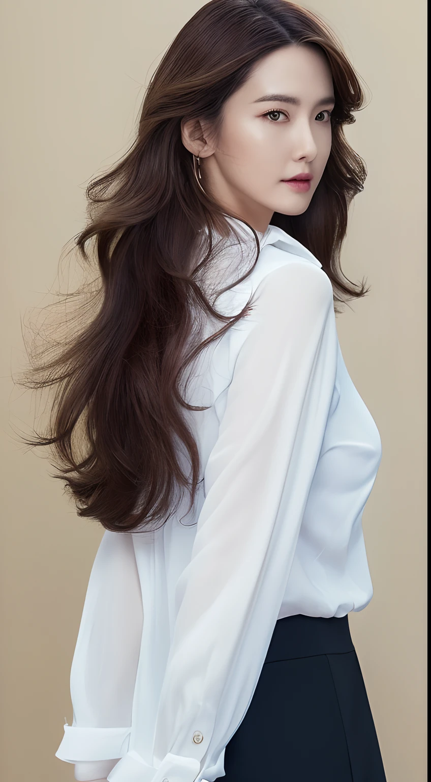 (Best quality, High resolution, Masterpiece :1.3), A tall and pretty woman, Slender abs, Dark brown hair styled in loose waves, Breasts, White button up shirt, Black pleated skirt, (Modern architecture in background), Details exquisitely rendered in the face and skin texture, Detailed eyes, Double eyelid