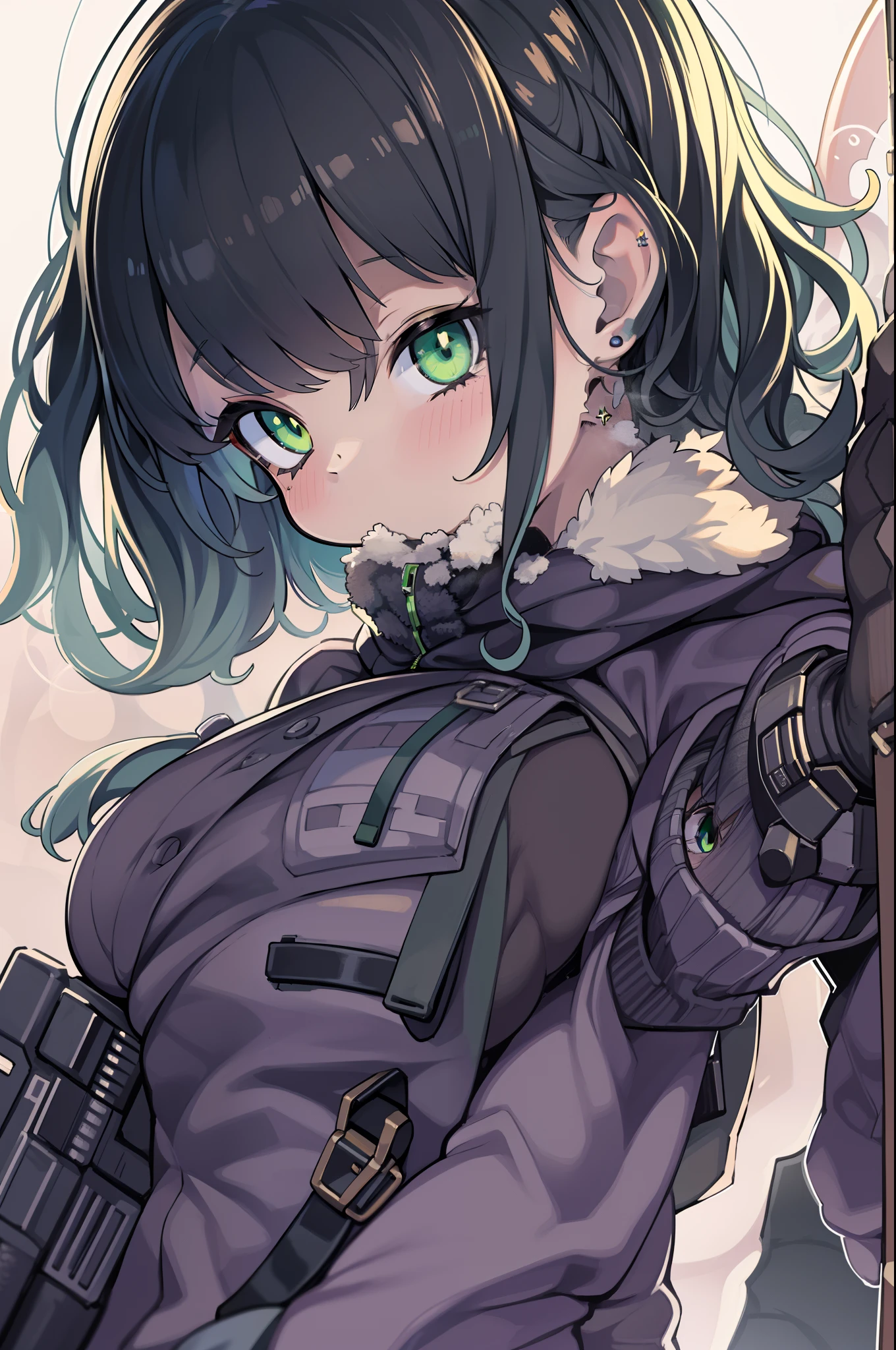 Hold a huge assault rifle、Long sideburns、Anime-style girl with beautiful whole body, clean detailed faces, ciber,analogous colors, Glowing shadows, beautiful gradients, depth of fields, CLEAN IMAGE, High quality,Black Parker Clothing、 high detailing, High Definition, blush, Fit, Heavenly Beauty, Very detailed, Soft lighting, Full body,Green&Black hair,Green eyes、huge-breasted、From below、crouching,sitted