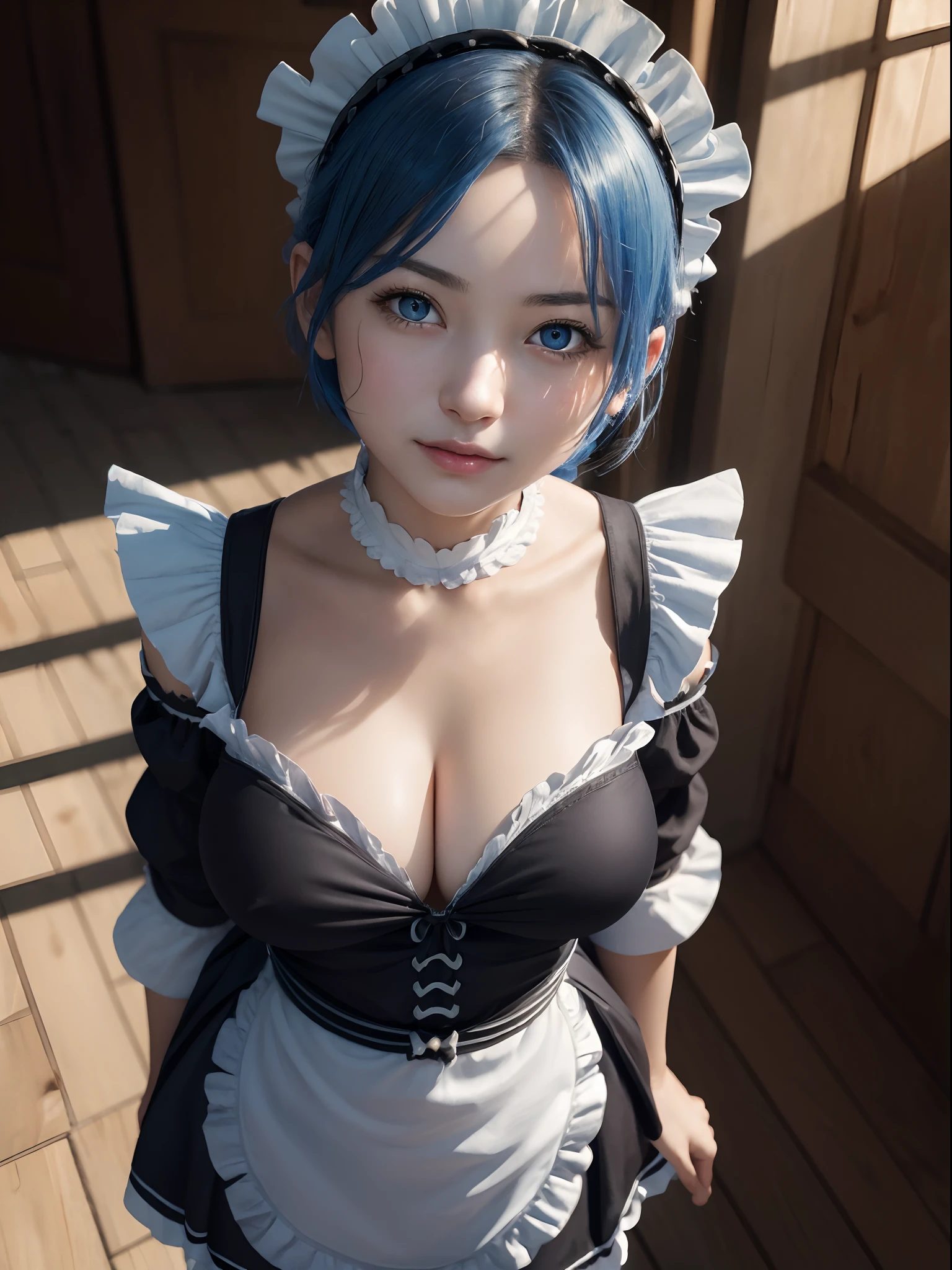 (masterpiece, best quality:1.4), (standing:1.4), (full body:1.2), (from front:1.5), on a beautifull and rich mansion, 1girl, solo, rem_re_zero, blue hair, (blue hair:0.5), short hair, maid uniform, (black maid uniform:1.5), hair ornament, cleavage, maid headdress, detached sleeves, ribbon, medium breasts, beautifull smile, beautiful face, highly detailed face, highly detailed eyes, highly detailed skin, skin pores, subsurface scattering, realistic pupils, full face blush, full lips, depth of field, volumetric lighting, sharp focus, absurdres, realistic proportions, good anatomy, (realistic, hyperrealistic:1.4), 16k hdr