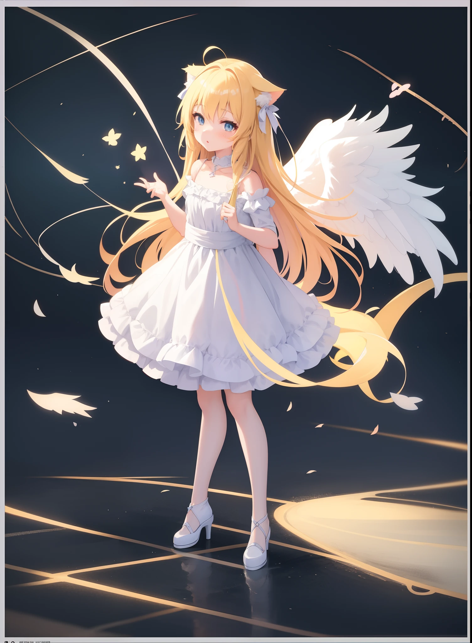 Anime girl with angel wings and cat tail in white dress, Splash art anime Loli, of an beautiful angel girl, angel girl, full - body majestic angel, pixiv contest winner, Digital art on Pixiv, trending on artstation pixiv, angel knight girl, zerochan art, High Quality Anime Art Style, full body commission for