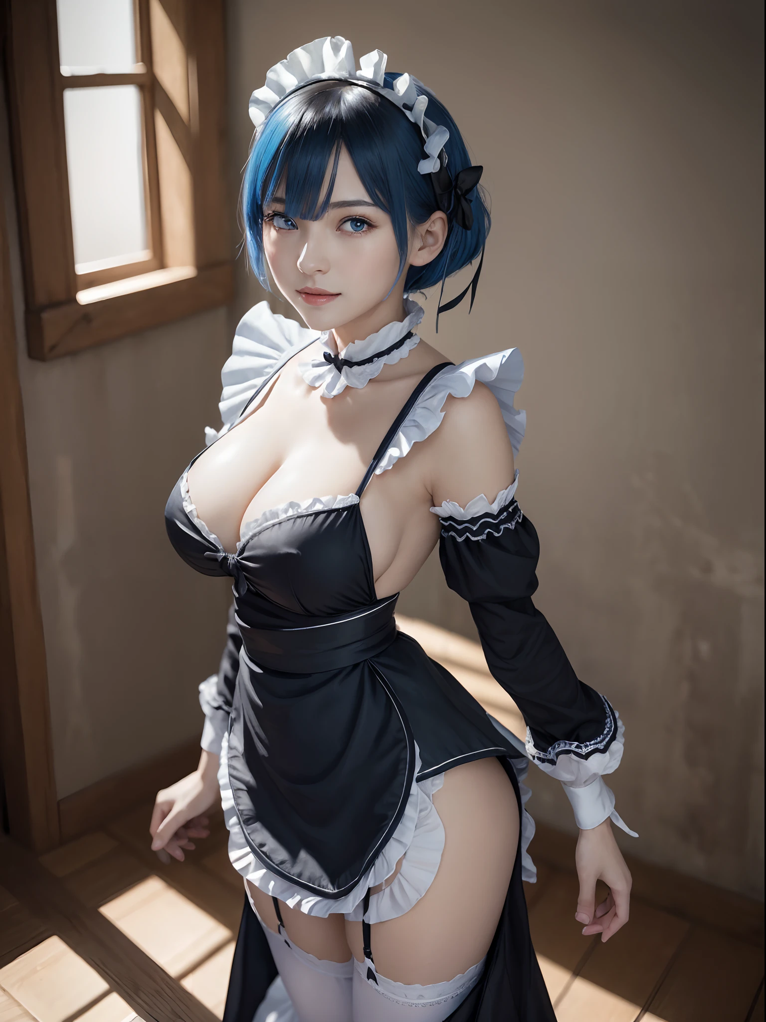 (masterpiece, best quality:1.4), (standing:1.4), (full body:1.2), (from front:1.5), on a beautifull and rich mansion, 1girl, solo, rem_re_zero, blue hair, (blue hair:0.5), short hair, maid uniform, (black maid uniform:1.5), hair ornament, cleavage, maid headdress, detached sleeves, ribbon, medium breasts, beautifull smile, beautiful face, highly detailed face, highly detailed eyes, highly detailed skin, skin pores, subsurface scattering, realistic pupils, full face blush, full lips, depth of field, volumetric lighting, sharp focus, absurdres, realistic proportions, good anatomy, (realistic, hyperrealistic:1.4), 16k hdr