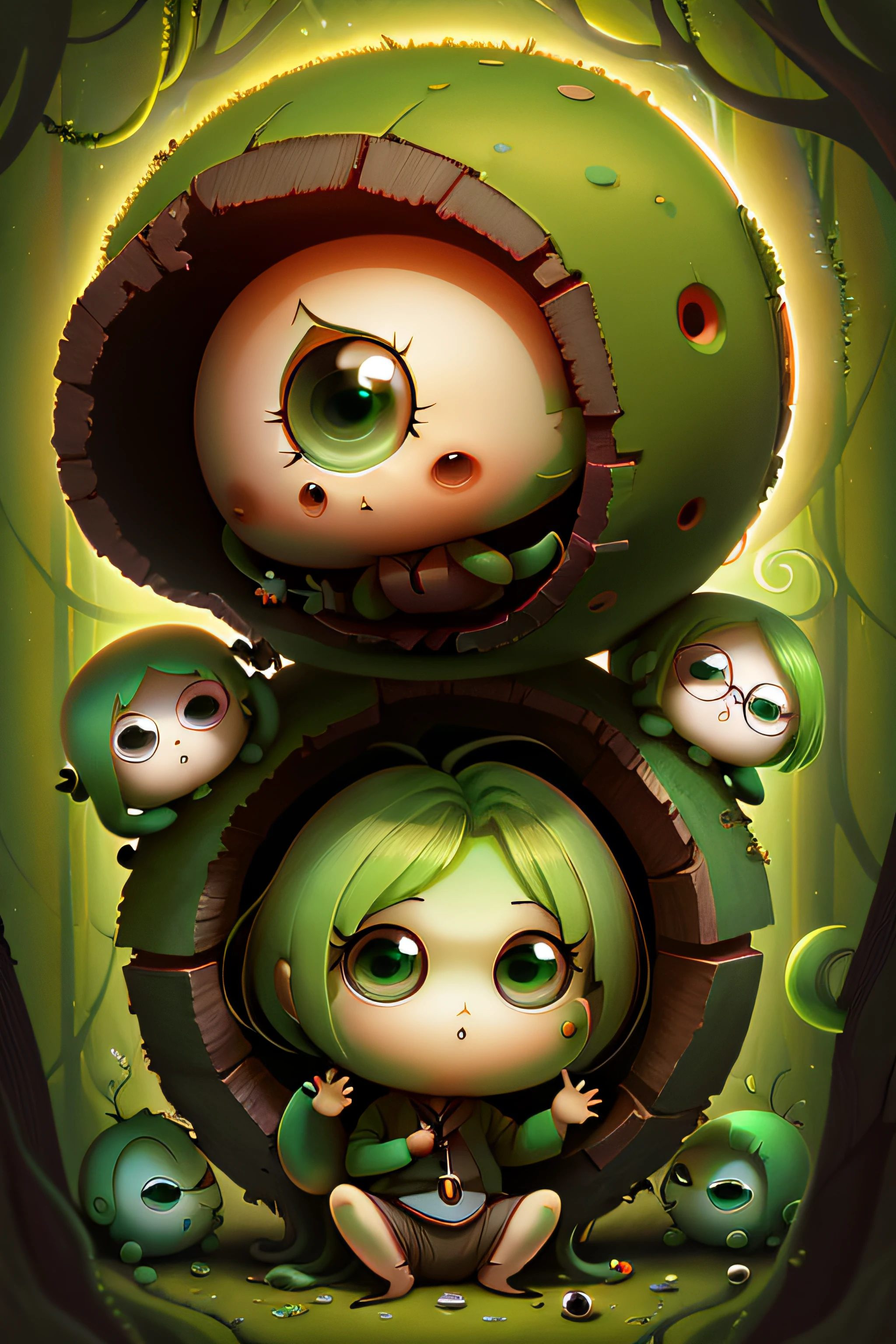 engrenagem00d, natureza-morta, garota, Chibi, optical illusion, portal fantasia, verde, loira morango, short hair,simples, primoroso , um grupo encalhado em uma ilha assombrada