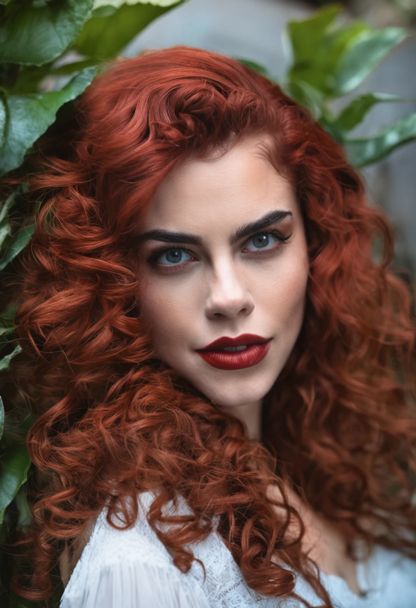 (master part: 1.2 ), (Melhor qualidade: 1.2 ), circunstanciado, ( sexo: 1.2), bruxa,(maduro), testa aberta,curly hair, (cabelos longos), red hair, olhos verdes, cabo, lacuna na coxa, seios grandes e macios,(sem roupa), quadris grandes, Red lipstick, Gargantilha, (De cima para baixo de baixo para cima:0.8), (elfa:1.2)
