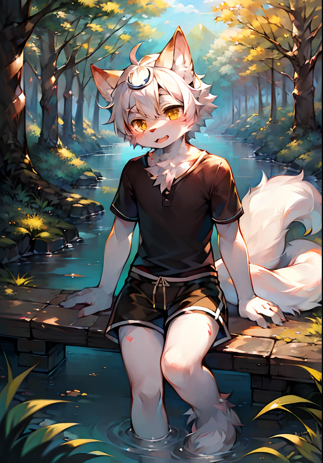 (Bright Environment: 0.8), Masterpiece, High Quality, Abstract Res, Digital Painting\(artwork\), by Dagasi, Cuihongshi, Yupa, Kiyosan, (Anthro, Fluffy Fur, Character Focus: 1.1), Anthro Male Cat, Short hair,portrait, bright eyes, panorama, character focus. (Detailed background: 0.7), Furry, Furry male, Male focus, Anthr, (full body fur, fluffy tail, white fur, yellow eyes, white hair: 1.2), (long canine, handsome, shorts, short sleeves, white goggles: 1.2), (outdoor, midday, forest, riverside: 1.1)