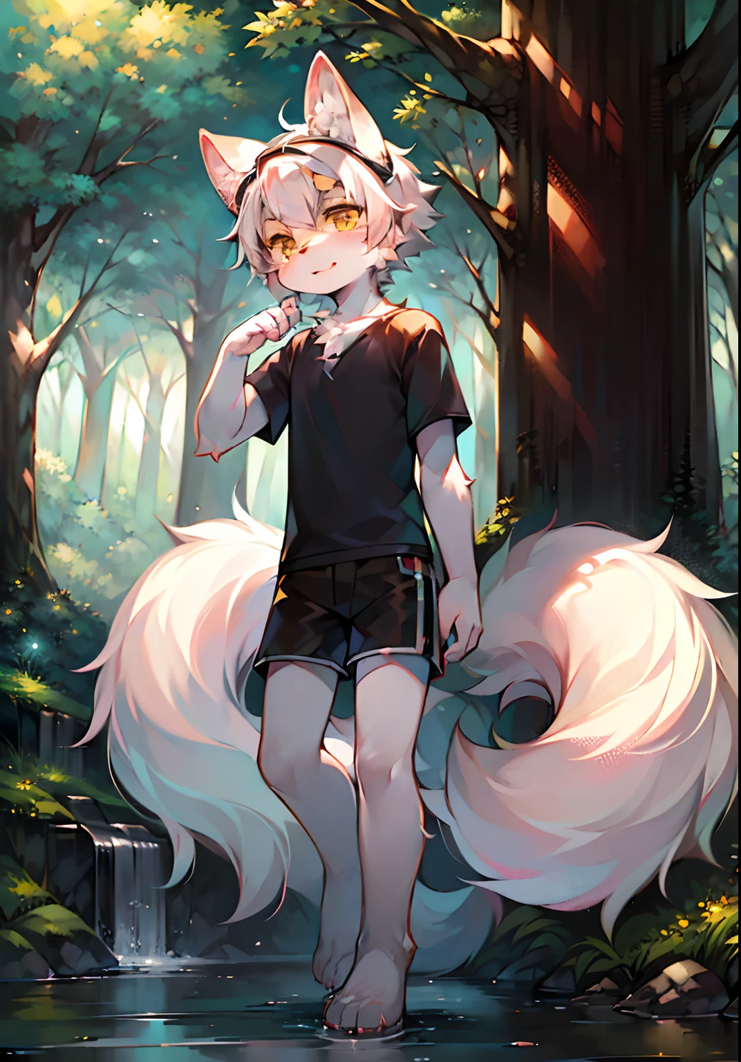 (Bright Environment: 0.8), Masterpiece, High Quality, Abstract Res, Digital Painting\(artwork\), by Dagasi, Cuihongshi, Yupa, Kiyosan, (Anthro, Fluffy Fur, Character Focus: 1.1), Anthro Male Cat, Short hair,portrait, bright eyes, panorama, character focus. (Detailed background: 0.7), Furry, Furry male, Male focus, Anthr, (full body fur, fluffy tail, white fur, yellow eyes, white hair: 1.2), (long canine, handsome, shorts, short sleeves, white goggles: 1.2), (outdoor, midday, forest, riverside: 1.1)