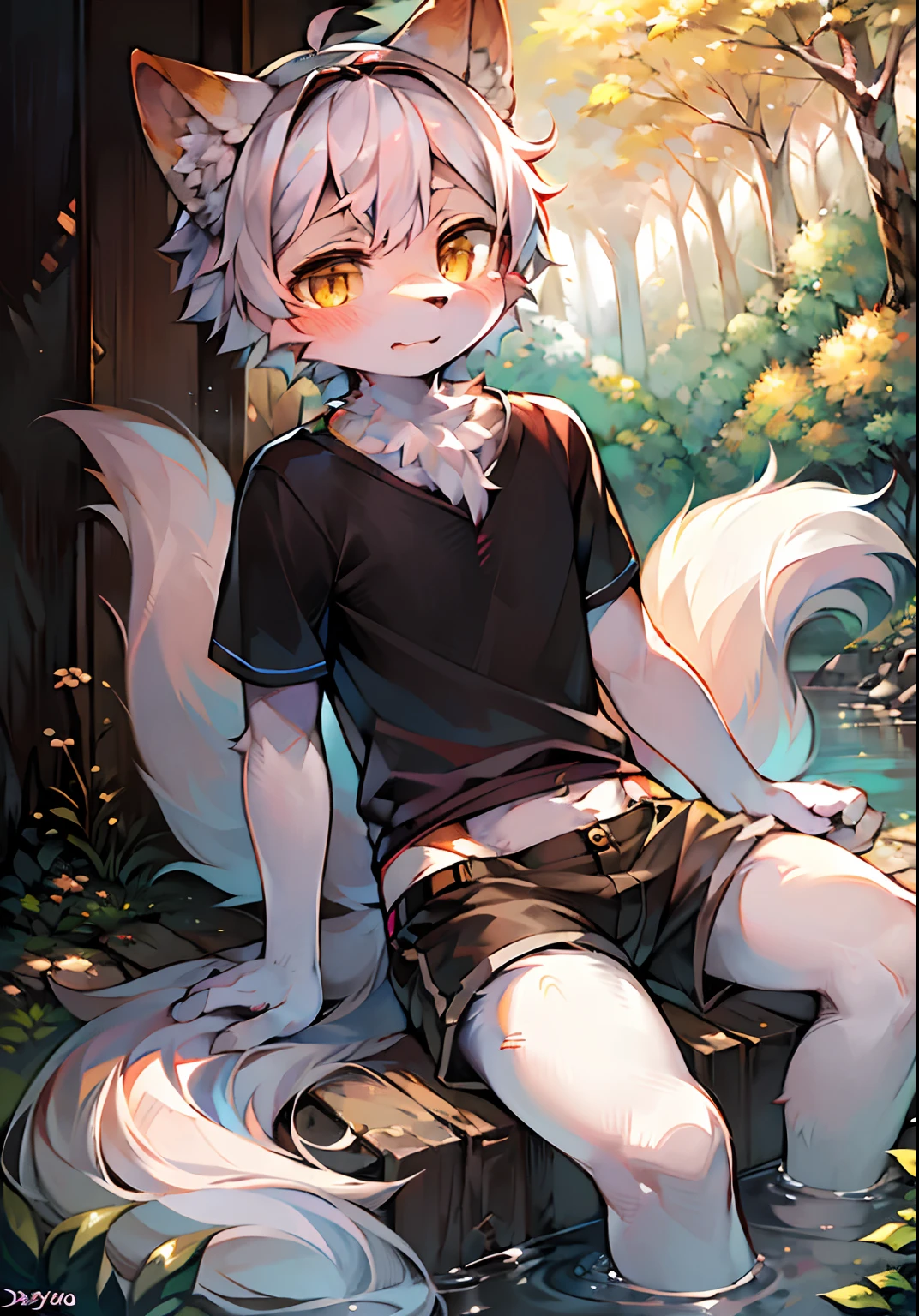 ((nsfw)) A cute anthro coyote male, male, all grey furry body, male, (cute snout:1.2) full body, black nose, ((by hyattlen, by fumiko, by claweddrip)), 4 toes, simple blue eyes with black iris, short light grey hair, highly detailed, fluffy tail, fluffy black tipped ears, soft and warm chest, relieved expression, blushing, hard blush, toned body, erect, cute erection, genitals, high view profile, wearing jeans, jeans pulled down, jeans pulled down to ankles, wearing black t shirt, black t shirt, with white stain on it, sitting down, sitting, master bating left hand covering mouth, right hand on penis, cum out, spilt milk, spilt milk shooting out, spilt milk coving legs and went all over the place, up against tree, in the woods, trees in background, trees, leaves falling from trees, grass details, dawn, morning sky, sun coming up,
