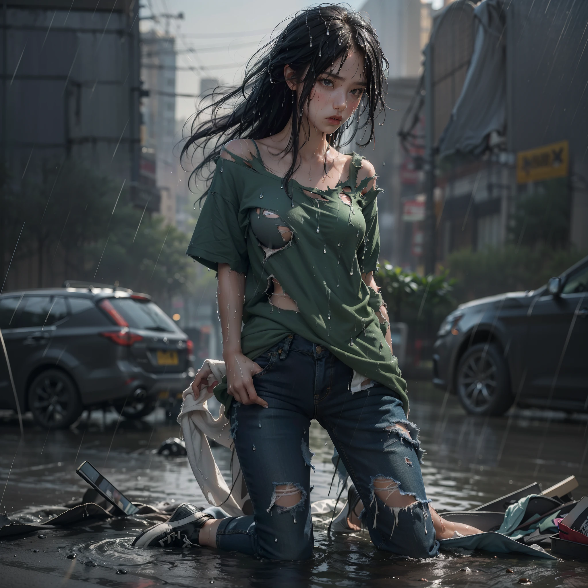 best image quality, masterpiece, super high resolution, (fidelity:1.4), photo, 1woman, green shirt, perfect female figure, torn jeans, black sneakers, dim, darkness, despair, drop of Sweat by the body, scraps of clothing, pieces of clothes, (torn clothes:1.5), (wet clothes:1.4), bare shoulders, real rain, wet hair, sexy pose, tore the clothes, 8k
