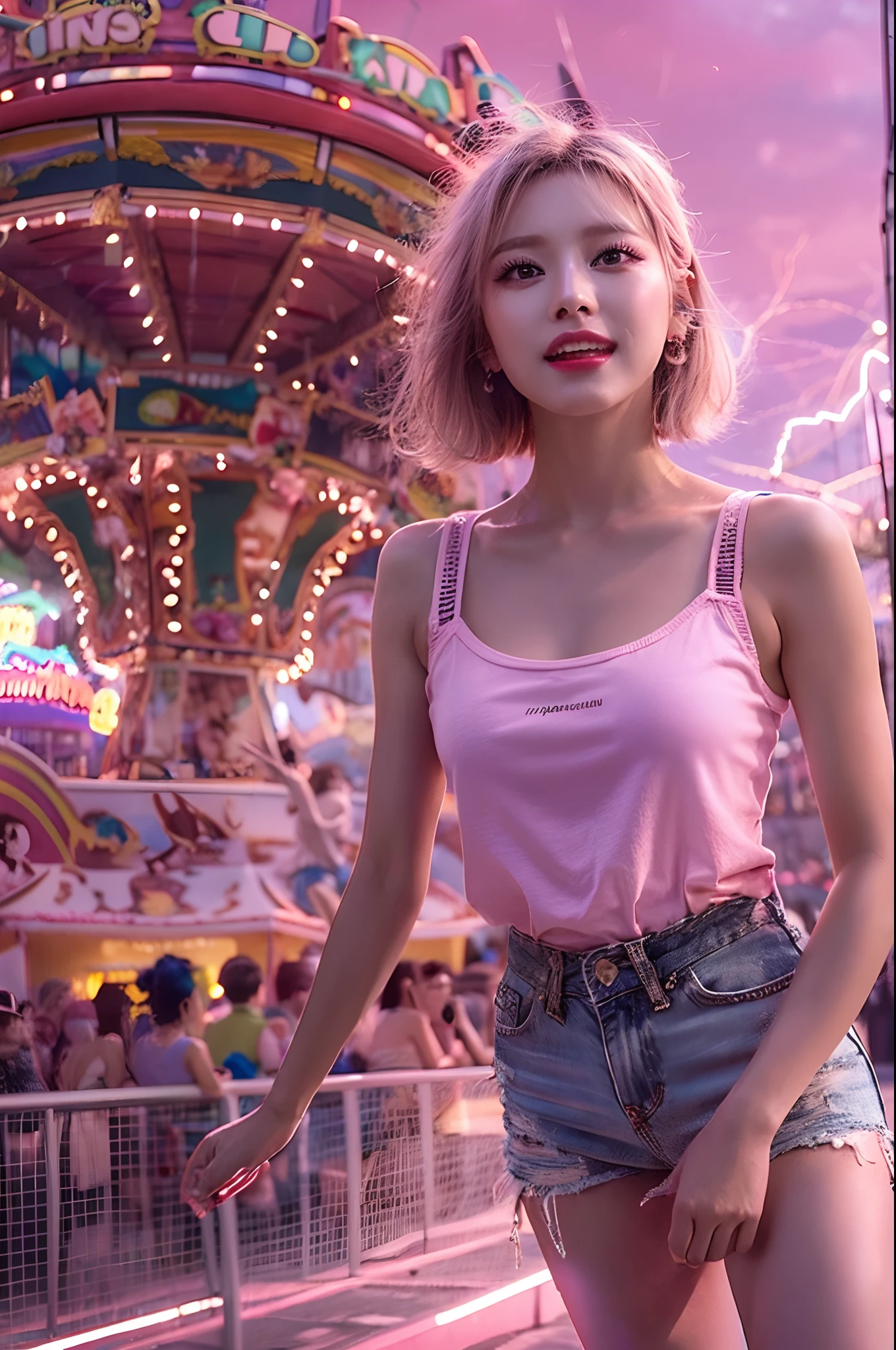 1girl in, Super beautiful girl, Dream Girl, Wearing pink, ulzzangs, Dancing, Concert in amusement park in the background, Lightning in the sky, Ultra Details, A hyper-realistic, Cinematic , Octane Render, 16 K