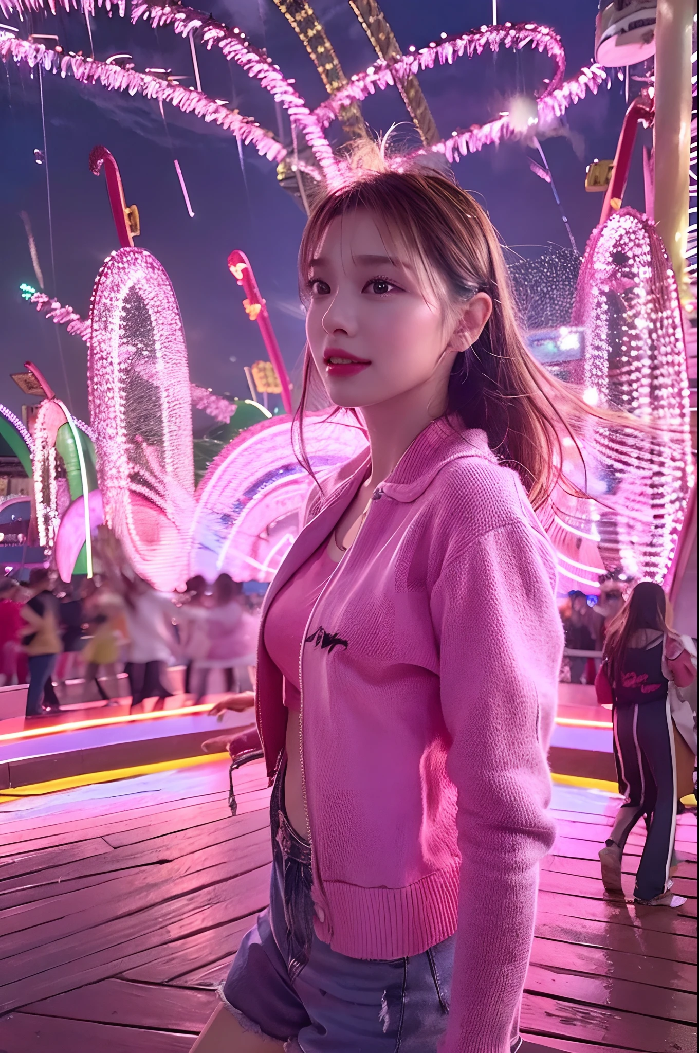 1girl in, Super beautiful girl, Dream Girl, Wearing pink, ulzzangs, Dancing, Concert in amusement park in the background, Lightning in the sky, Ultra Details, A hyper-realistic, Cinematic , Octane Render, 16 K