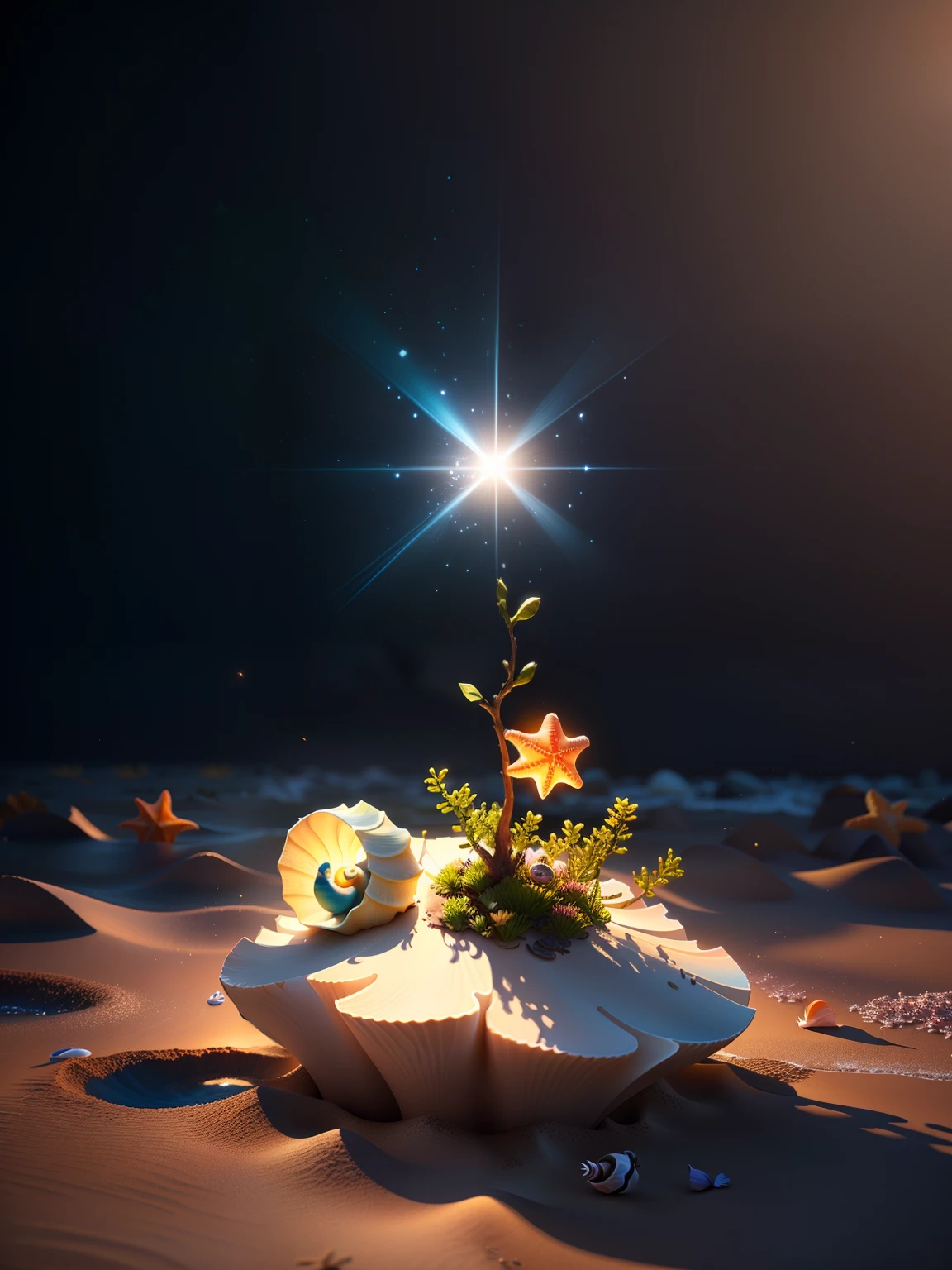 starfish ,on the beach , cartoon ,conch, 🐚 particle light effect, glare, casual play style, 3D, unreal engine, blender, masterpiece, super detail, best quality,2d game background,Small shallow pool,snail,Lotus leaf,depth of fields,hand painted style,planar,popup book