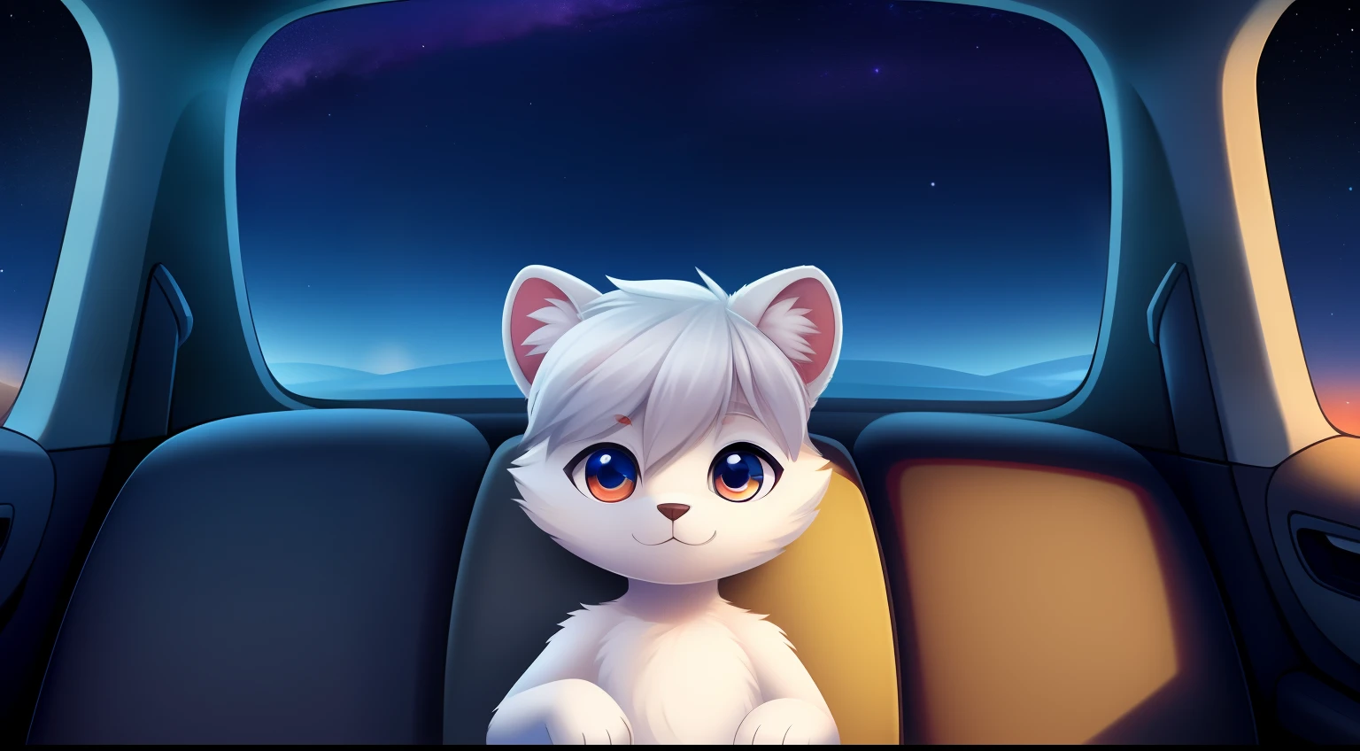Furry mascot,Lovely image,A black cat,No clothes, Cute little animals fluffy,Furry Fur,Cute little animals,Fluffy tail,White hair,In the back seat,Sitting alone in the car,Reclining in a chair,View from the car window,High speed on,full of lights,Cubs,is in night,nigh sky, stars,Close-up of cute characters,Put your hands behind your head,Look ahead