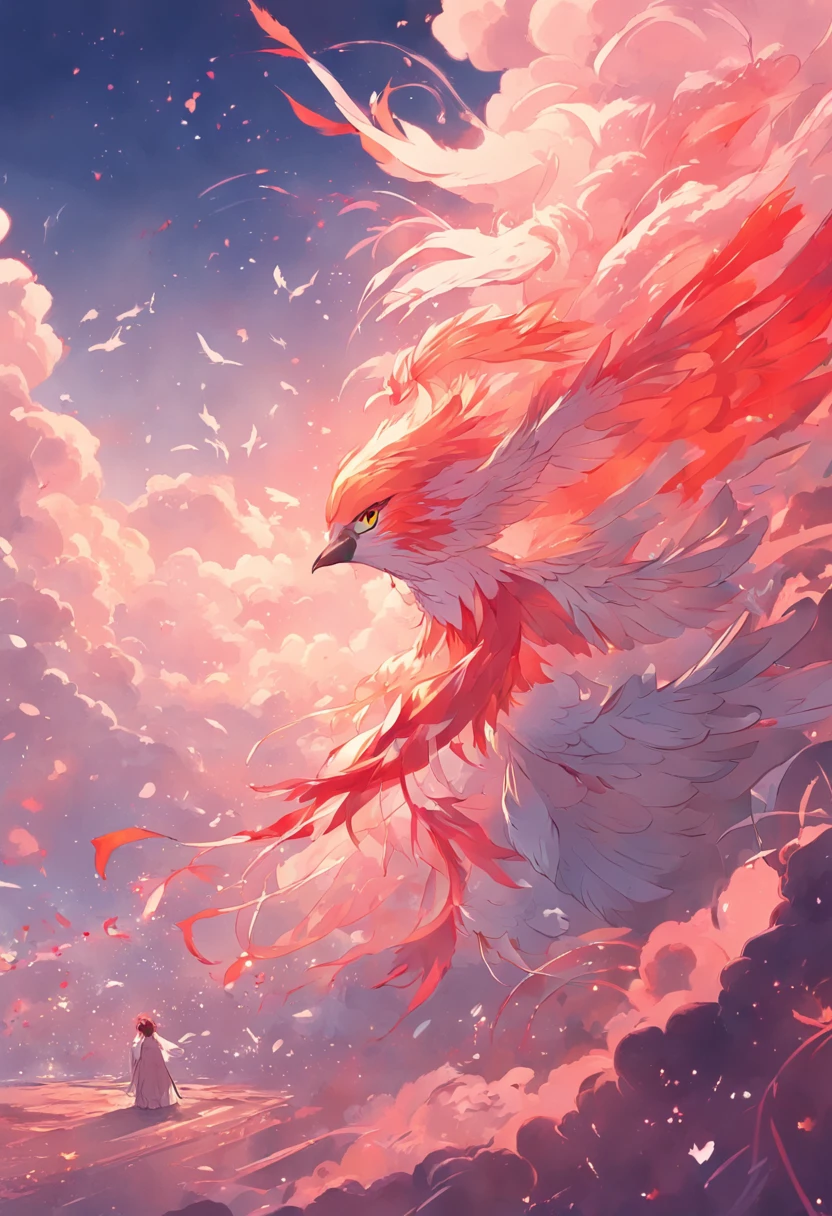 A gentle and beautiful rainbow bird stops on a red cloud,A crooked rainbow,A breeze blows through its soft feathers,Morrison light and shadow style