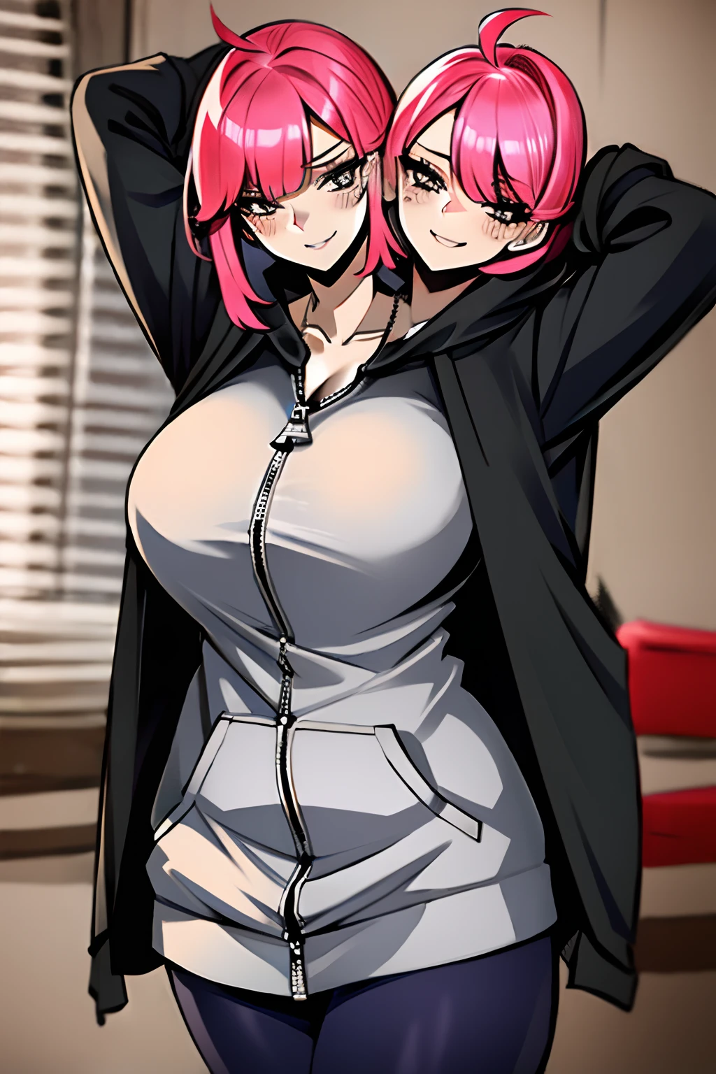 High detailed, 1 girl, solo, Violet long hair, blue eyes,  busty, firm chunky body white shirt, , deep cleavage, Juliet sleeves, pencil skirt, black thighhighs, white gloves, tall, smiling