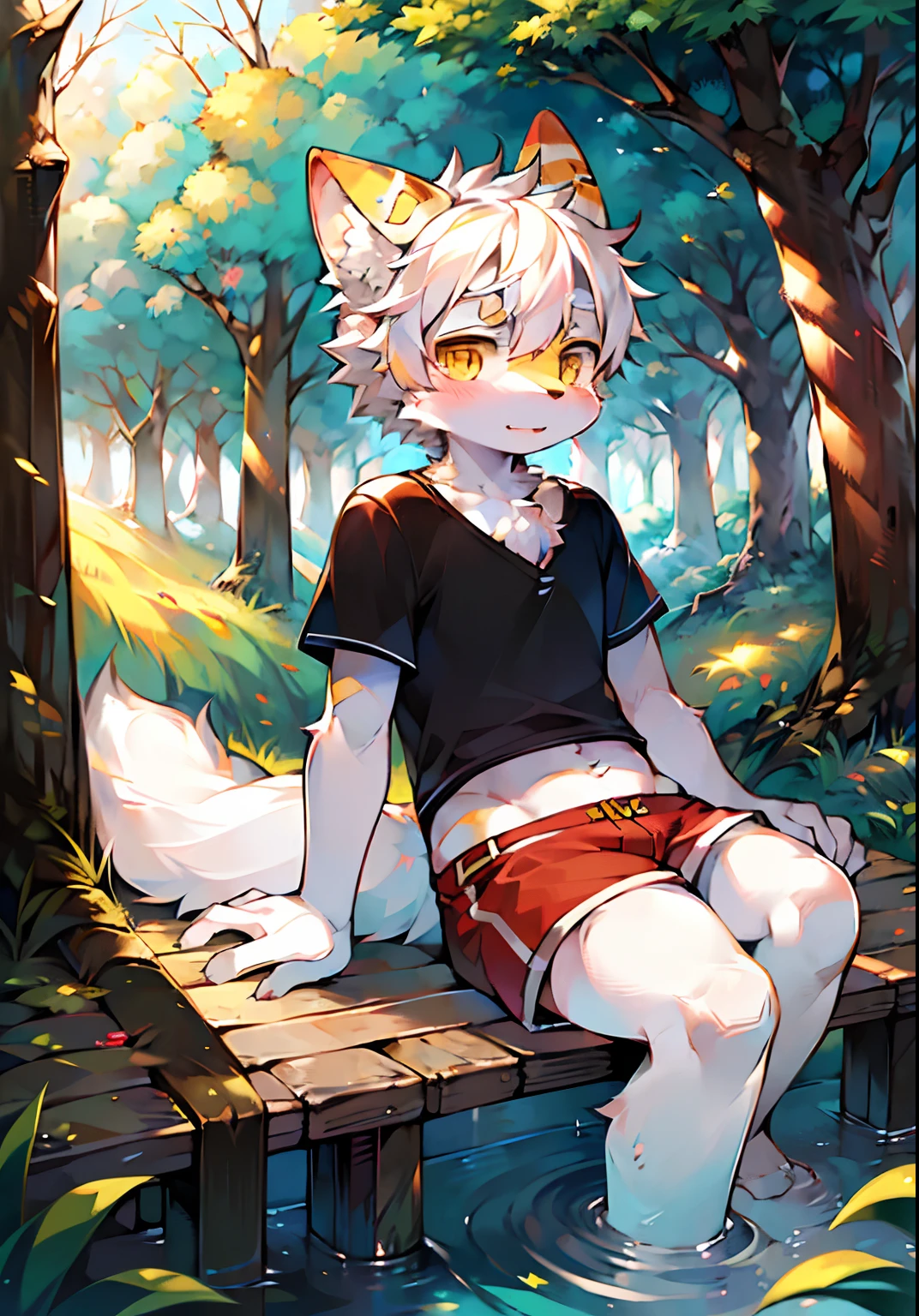 (Bright Environment: 0.8), Masterpiece, High Quality, Abstract Res, Digital Painting\(artwork\), by Dagasi, Cuihongshi, Yupa, Kiyosan, (Anthro, Fluffy Fur, Character Focus: 1.1), Anthro Male Cat, Short hair,portrait, bright eyes, panorama, character focus. (Detailed background: 0.7), Furry, Furry male, Male focus, Anthr, (full body fur, fluffy tail, white fur, yellow eyes, white hair: 1.2), (long canine, handsome, shorts, short sleeves, white goggles: 1.2), (outdoor, midday, forest, riverside: 1.1)