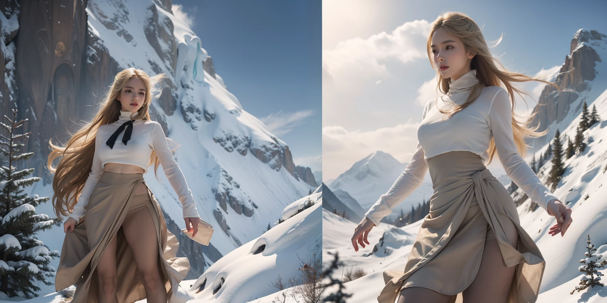 (Full body:1.5),(1girl in:1.3),(view the viewer:1.4),(anatomy correct:1.4),(opaque pantyhose and pointed thick heels,, :1.3),(Dancing on the top of a snowy mountain:1.2),(Wearing an Indian style high-waisted skirt:1.2),(Long Blonde Hair:1.2),(Accurate and perfect face:1.3),(Long legs:1.3),hyper HD, Ray traching, reflective light, Structurally correct, awardwinning, high detailing, Lighten the shade contrast, Face lighting ,Cinematic lighting, masutepiece, super detailing, High quality, high detailing, Best Quality, 16 K,High contrast,