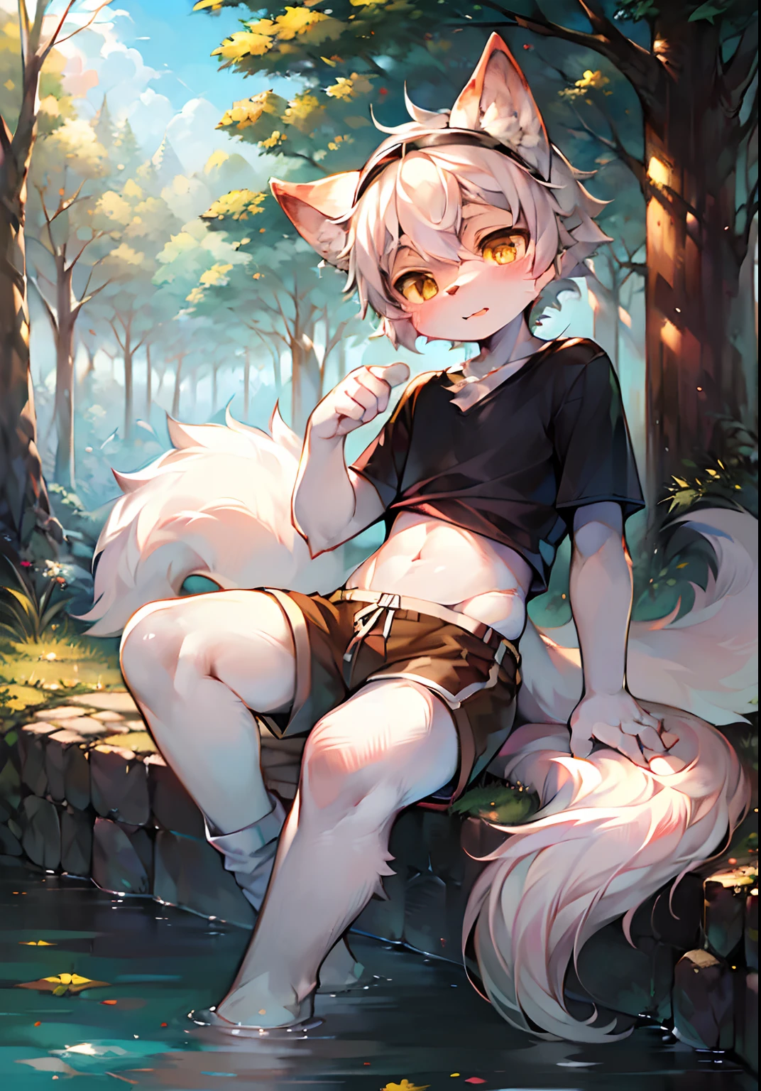 (Bright Environment: 0.8), Masterpiece, High Quality, Abstract Res, Digital Painting\(artwork\), by Dagasi, Cuihongshi, Yupa, Kiyosan, (Anthro, Fluffy Fur, Character Focus: 1.1), Anthro Male Cat, Short hair,portrait, bright eyes, panorama, character focus. (Detailed background: 0.7), Furry, Furry male, Male focus, Anthr, (full body fur, fluffy tail, white fur, yellow eyes, white hair: 1.2), (long canine, handsome, shorts, short sleeves, white goggles: 1.2), (outdoor, midday, forest, riverside: 1.1)