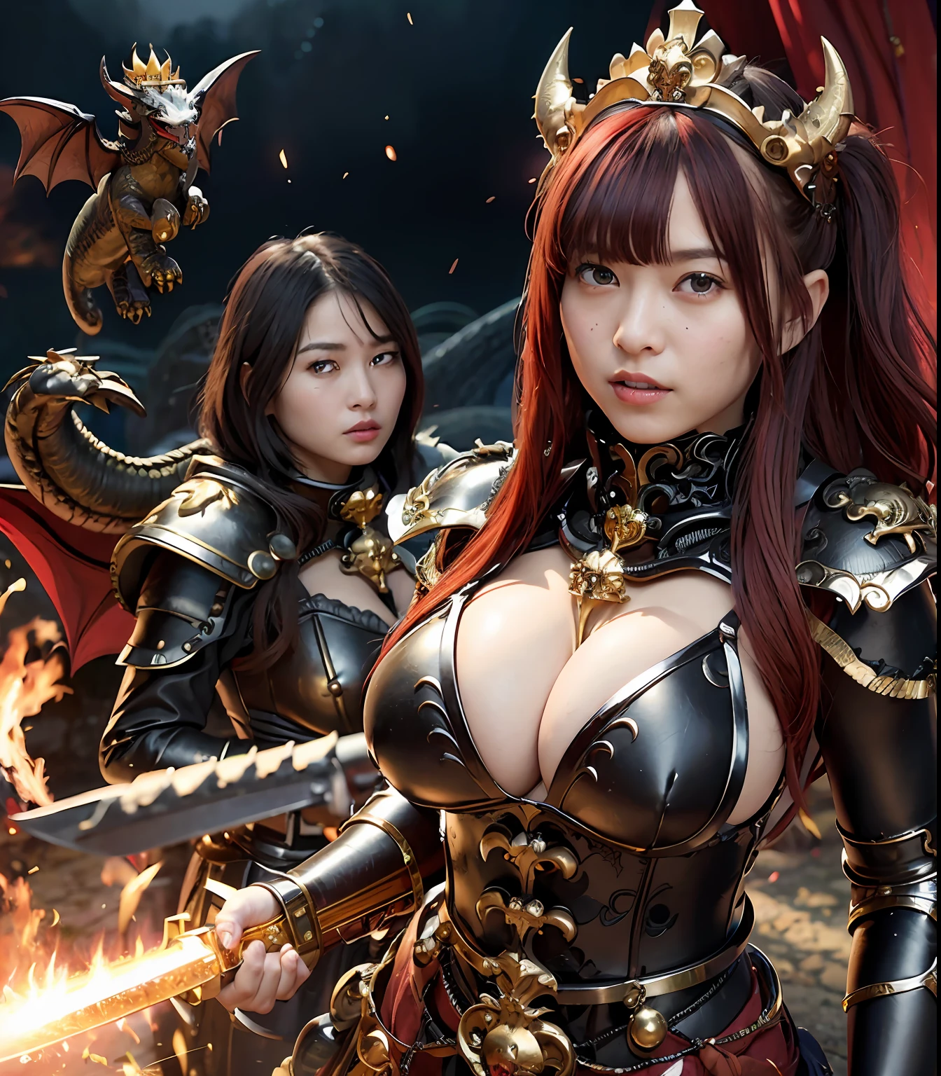 (masutepiece), Professional , masterpiece、top-quality、photos realistic , depth of fields (Gemstone Black Metal Body:1.9),(Matte Black、(cleavage of the breast)、Dragon Gold Weapon(Dragon Metal Body:1.4),Gorgeous Silver Weapons ,(( Dragon's dense and gorgeous sword)) , Beautiful knife ,warhammer 40k , adepta sororitas,Detail and gorgeous crown、((Red hair))、(Castle background)、The dragon、((Gangle's forest background))、Beautiful Caucasian beauty、(1a person)、dynamic ungle,(((Detailed and ornate Black Devil Crown)))、Smaller head、Strange smile、Castle background、Thin and beautiful female hands、cleavage of the breast、Soldier in iron armor on background、Mystical expression、Light Effects、intense fighting、Wind-effect、magic circles、With the legendary magic wand、(demonic wings)、