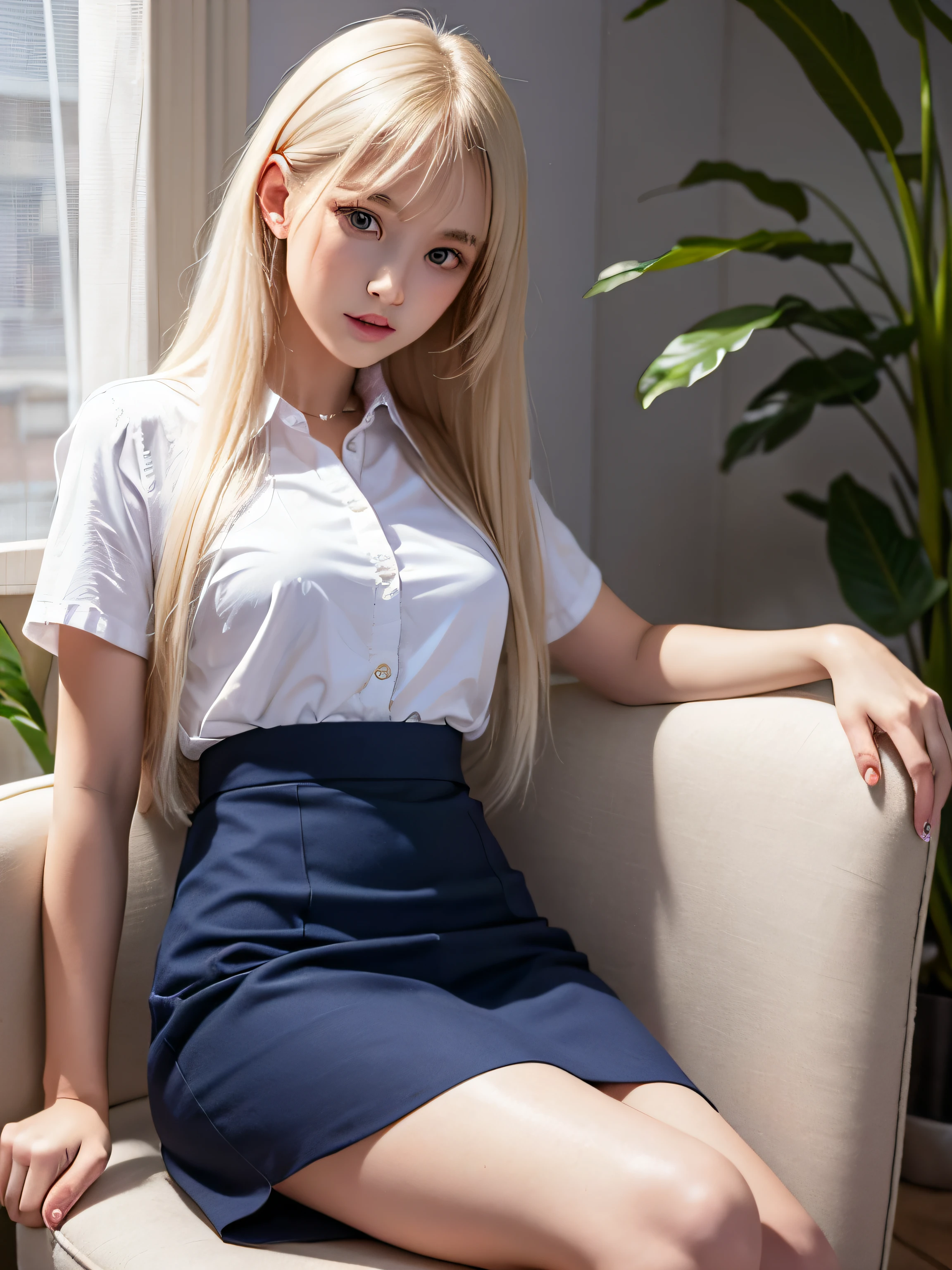1girl, (Blue Eyes), (smiling :1.2), (Sana Minatozaki), (wide hips), Big tits, (big ass), (thin waist: 1.2), (thick and toned thighs :1.1), (Best Quality, 8k, Masterpiece: 1.3), Clear Focus: 1.2, Perfect Body Beauty: 1.4, strong abs, Highly detailed face and skin texture, detailed eyes, double eyelids, detailed skin, (blonde long straight hair), (white unbuttoned shirt :1.2), (black secretary skirt :1.3), (pump shoes :1.3), ((sitting on a desk)), (legs crossed :1.2), in an office, windows in the background, blurred background