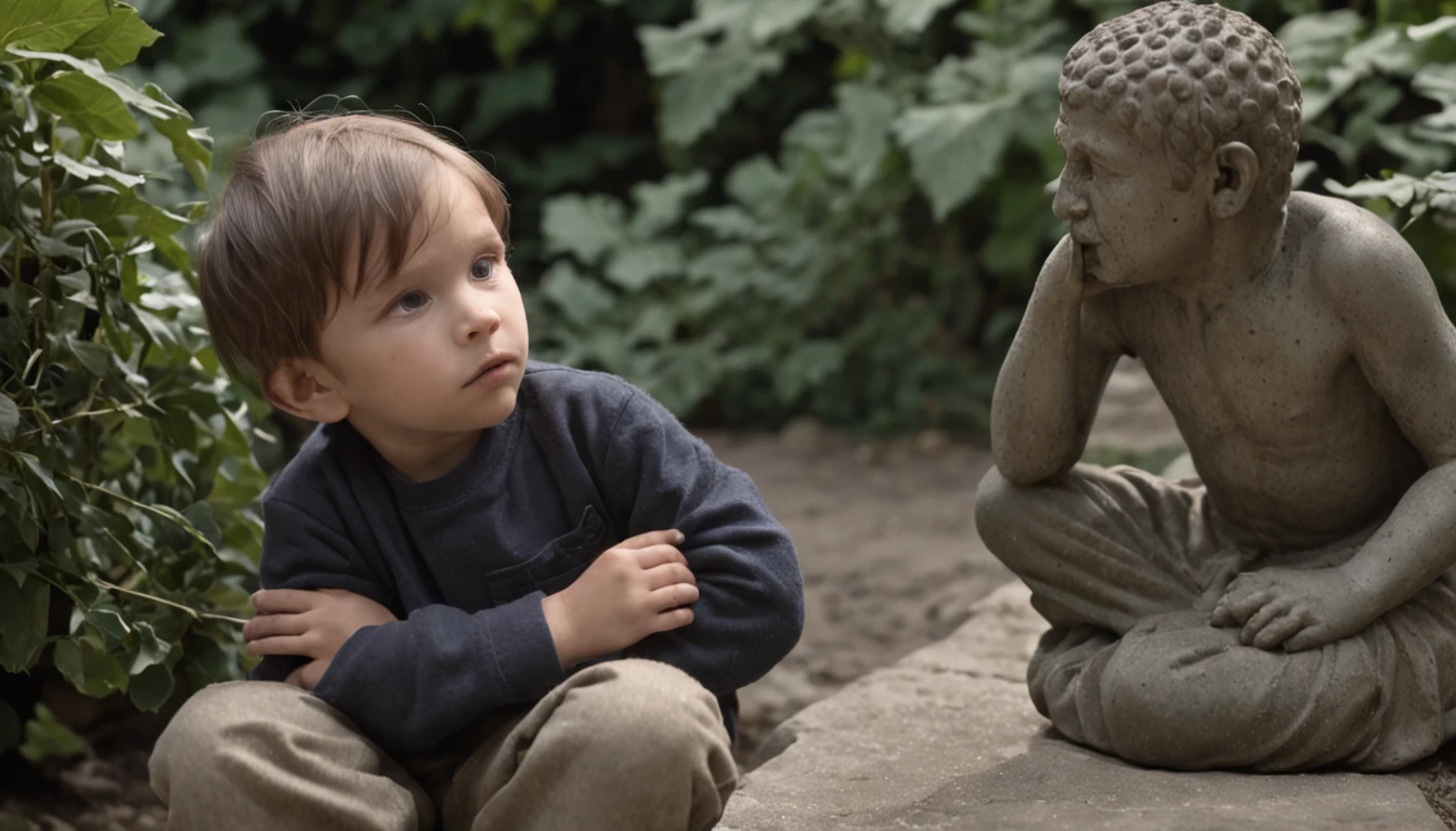 Amidst an overgrown garden, a 4-year-old boy sits on a stone bench, his gaze fixed on the task of removing a hand grenade's pin with childlike curiosity. Behind him, a majestic and mysterious figure materializes—death personified, patiently awaiting his inevitable role. The atmosphere strikes a delicate balance between innocence and solemnity, inviting contemplation on the cycle of life. Photographed by Steve McCurry using a Fujifilm GFX 100S and a 24mm lens, the lighting intertwines natural sunlight and the soft glow of studio lighting, casting gentle highlights and shadows. 8K, Ultra-HD, Super-Resolution. --v 5 --q 2