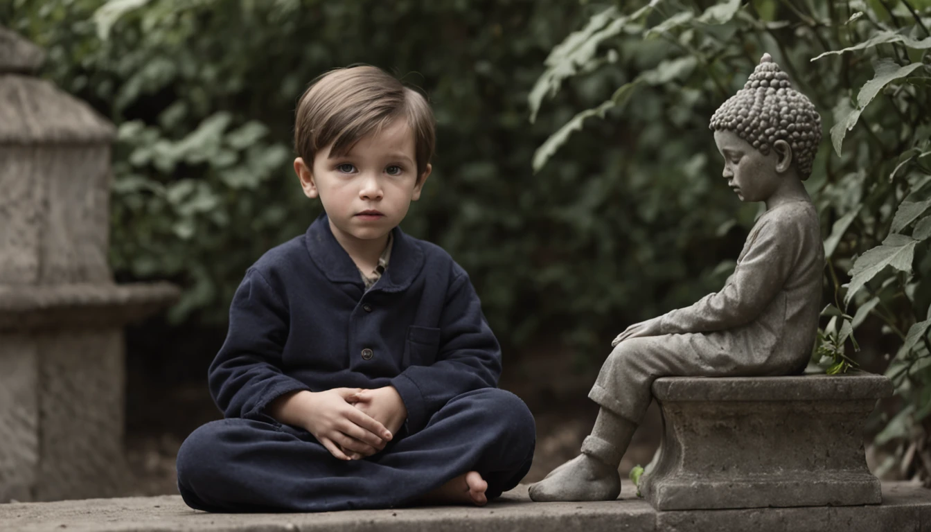 Amidst an overgrown garden, a 4-year-old boy sits on a stone bench, his gaze fixed on the task of removing a hand grenade's pin with childlike curiosity. Behind him, a majestic and mysterious figure materializes—death personified, patiently awaiting his inevitable role. The atmosphere strikes a delicate balance between innocence and solemnity, inviting contemplation on the cycle of life. Photographed by Steve McCurry using a Fujifilm GFX 100S and a 24mm lens, the lighting intertwines natural sunlight and the soft glow of studio lighting, casting gentle highlights and shadows. 8K, Ultra-HD, Super-Resolution. --v 5 --q 2