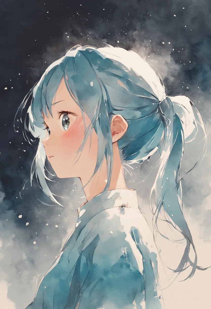 Watercolor painting for girls by GHY, charming anime characters, Light silver and sky blue style, Chinese brushstrokes, Traditional oil painting techniques, Digital illustration, The girl wears a double ponytail, Rich background --Niji 5 --ar 4:7 – Relax