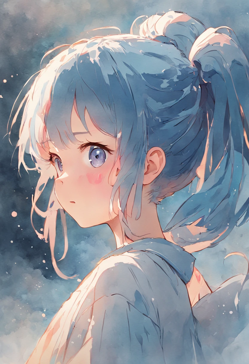 Watercolor painting for girls by GHY, charming anime characters, Light silver and sky blue style, Chinese brushstrokes, Traditional oil painting techniques, Digital illustration, The girl wears a double ponytail, Rich background --Niji 5 --ar 4:7 – Relax